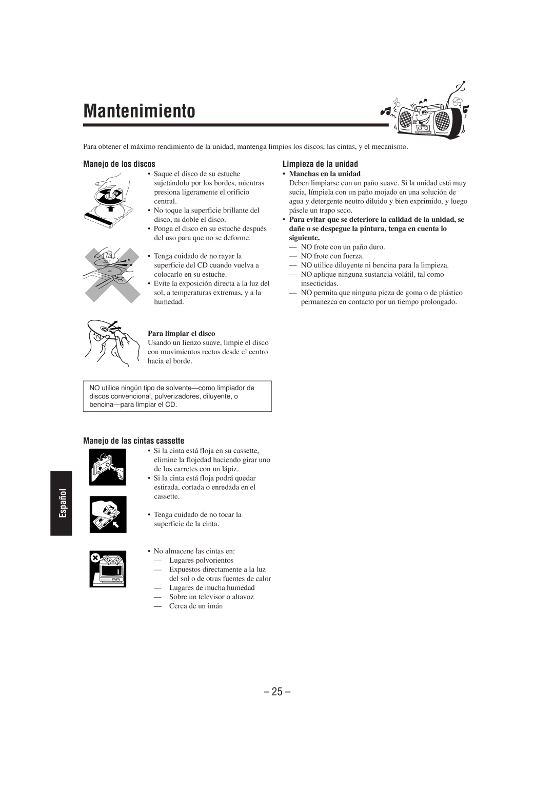 JVC CA-UXL40R, UX-L40R, UX-L30R Mantenimiento, Manejo de los discos, Limpieza de la unidad, Manejo de las cintas cassette 