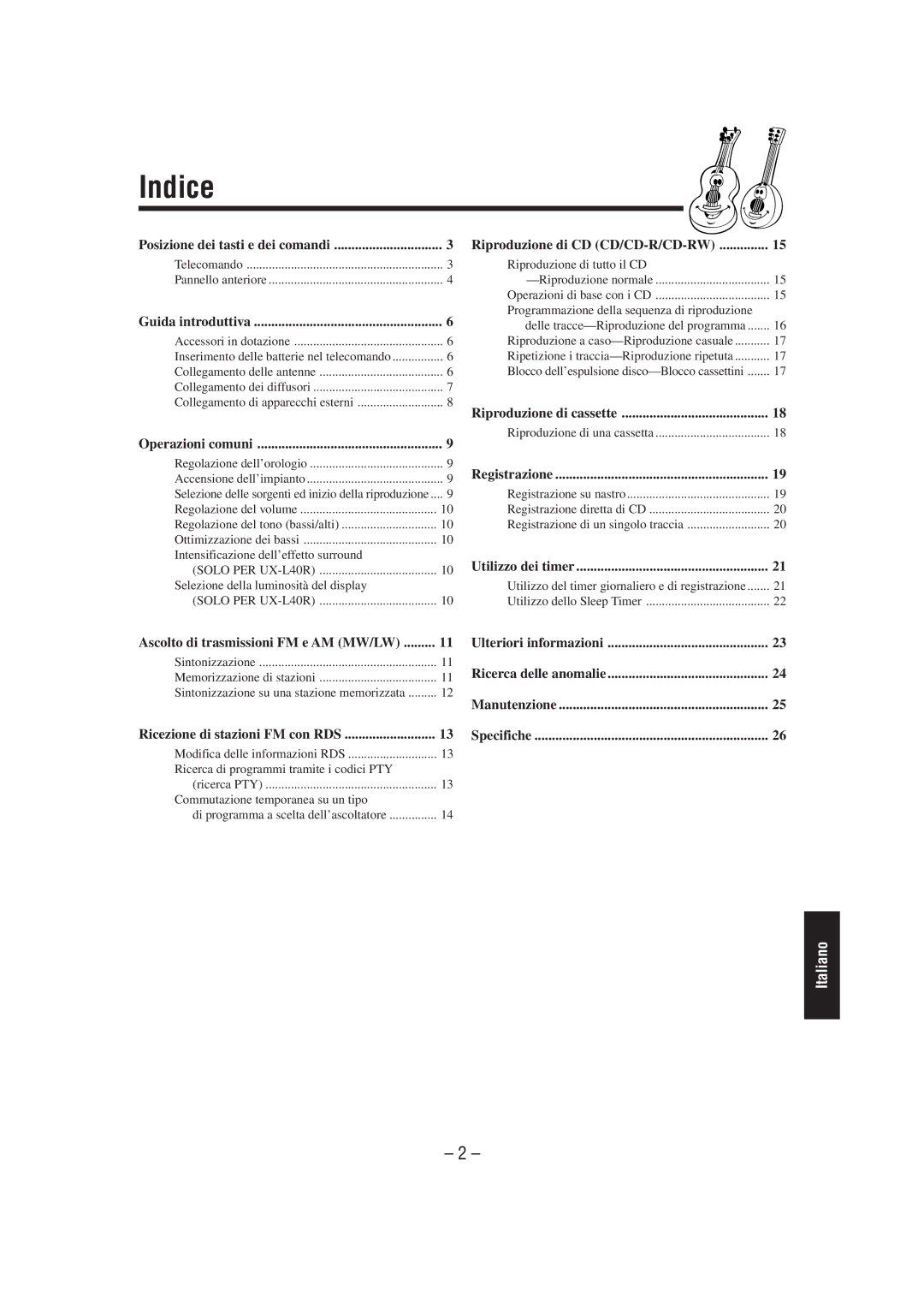 JVC UX-L30R, UX-L40R, SP-UXL30, SP-UXL40, CA-UXL40R, CA-UXL30R manual Indice, Ricerca delle anomalie 