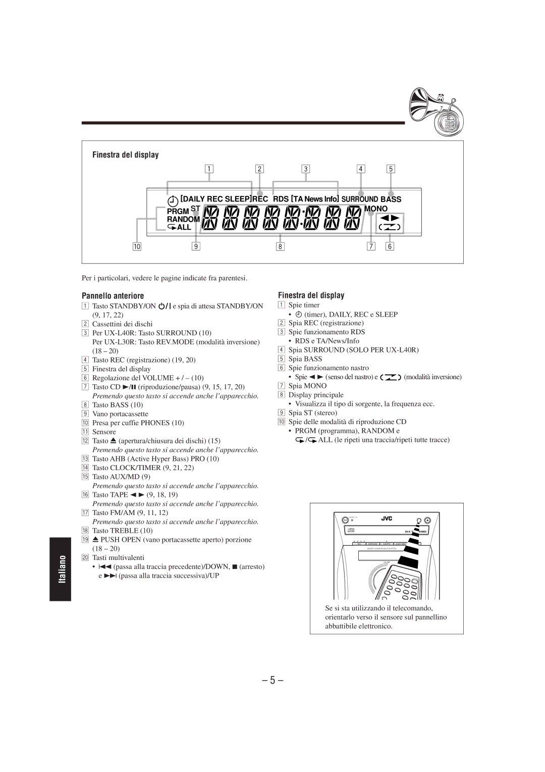 JVC CA-UXL40R, UX-L40R, UX-L30R manual Finestra del display, Pannello anteriore, Tasto CLOCK/TIMER 9, 21, 22 t Tasto AUX/MD 