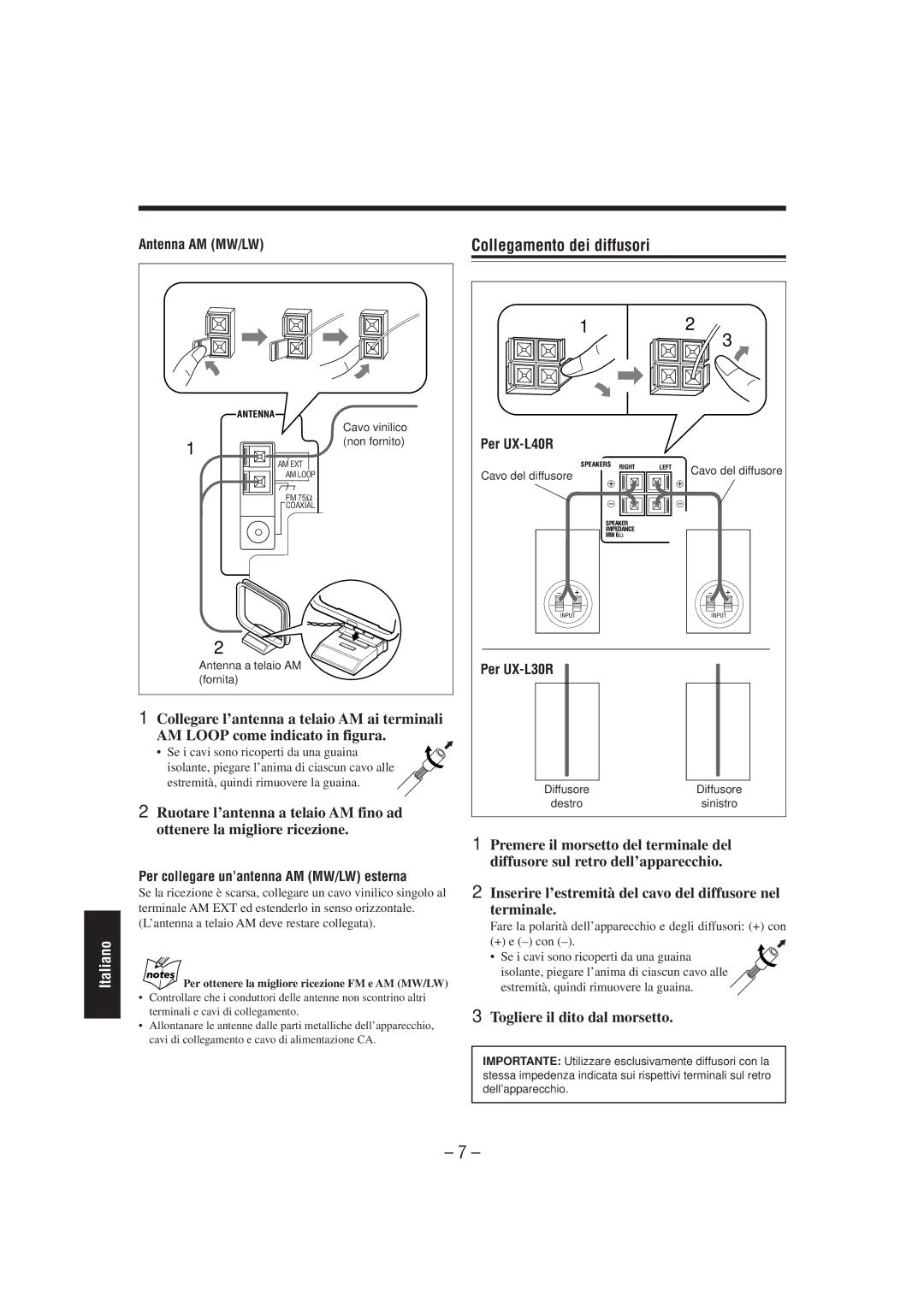 JVC UX-L40R, UX-L30R manual Collegamento dei diffusori, Togliere il dito dal morsetto, Antenna AM MW/LW, Cavo del diffusore 