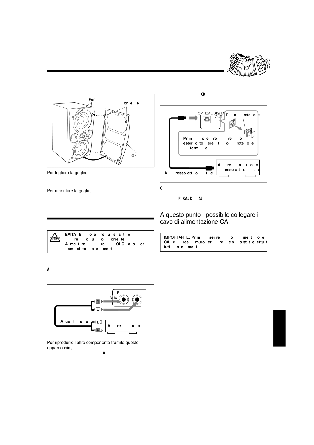 JVC UX-L30R Collegamento di apparecchi esterni, Rimozione delle griglie degli diffusori, Per collegare l’apparecchio audio 