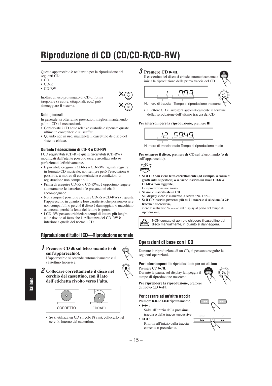 JVC SP-UXL30, UX-L40R, UX-L30R, SP-UXL40 manual Riproduzione di CD CD/CD-R/CD-RW, Operazioni di base con i CD, Premere CD 3/8 