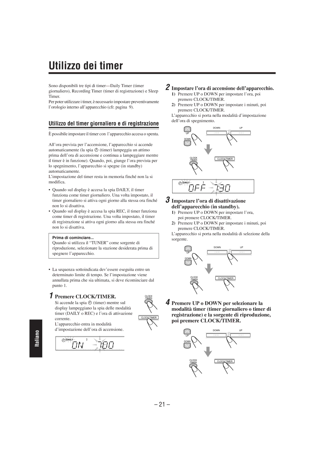 JVC SP-UXL30, UX-L40R, UX-L30R manual Utilizzo dei timer, Impostare l’ora di accensione dell’apparecchio, Prima di cominciare 