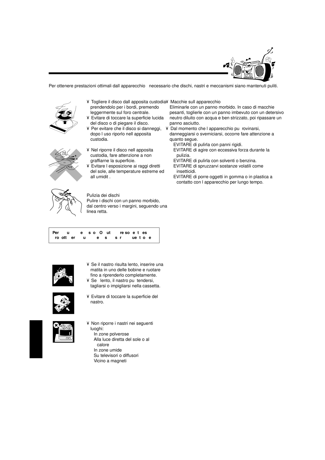 JVC UX-L40R, UX-L30R manual Manutenzione, Manipolazione dei dischi, Pulizia dell’apparecchio, Manipolazione delle cassette 