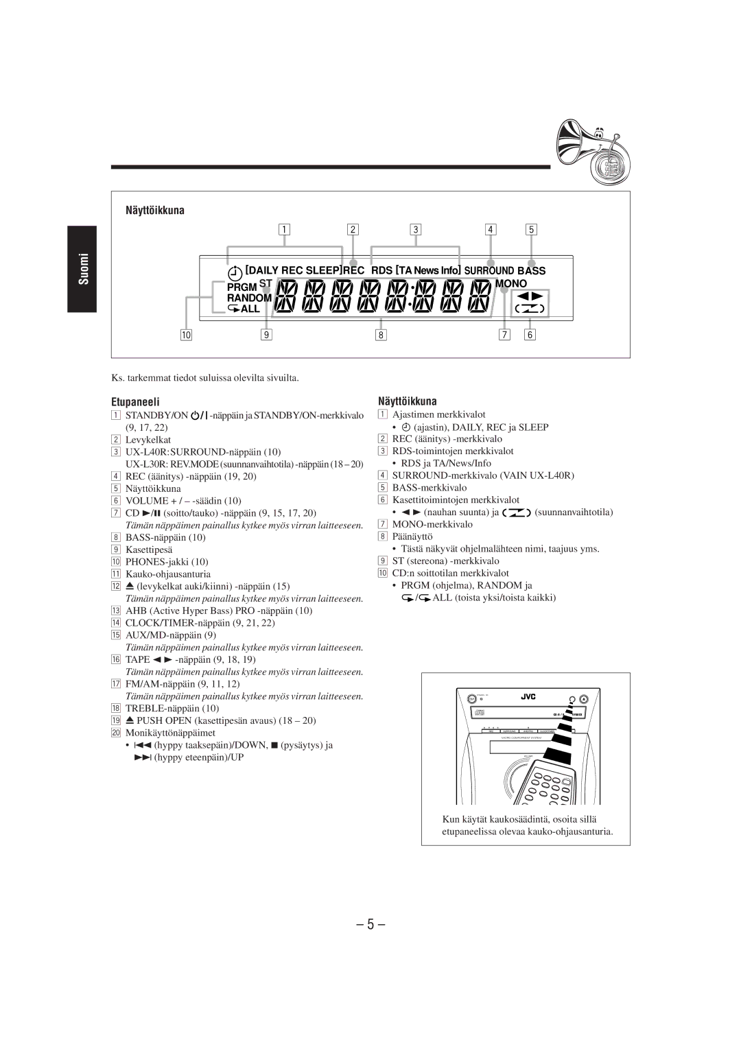 JVC UX-L40R, UX-L30R, SP-UXL30, SP-UXL40, CA-UXL40R, CA-UXL30R Näyttöikkuna, CLOCK/TIMER-näppäin 9, 21, 22 t AUX/MD-näppäin 