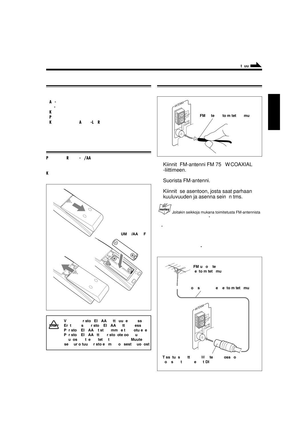 JVC UX-L30R manual Aloitus, Mukana toimitetut tarvikkeet Antennien kytkentä, Paristojen asennus kaukosäätimeen, FM-antenni 