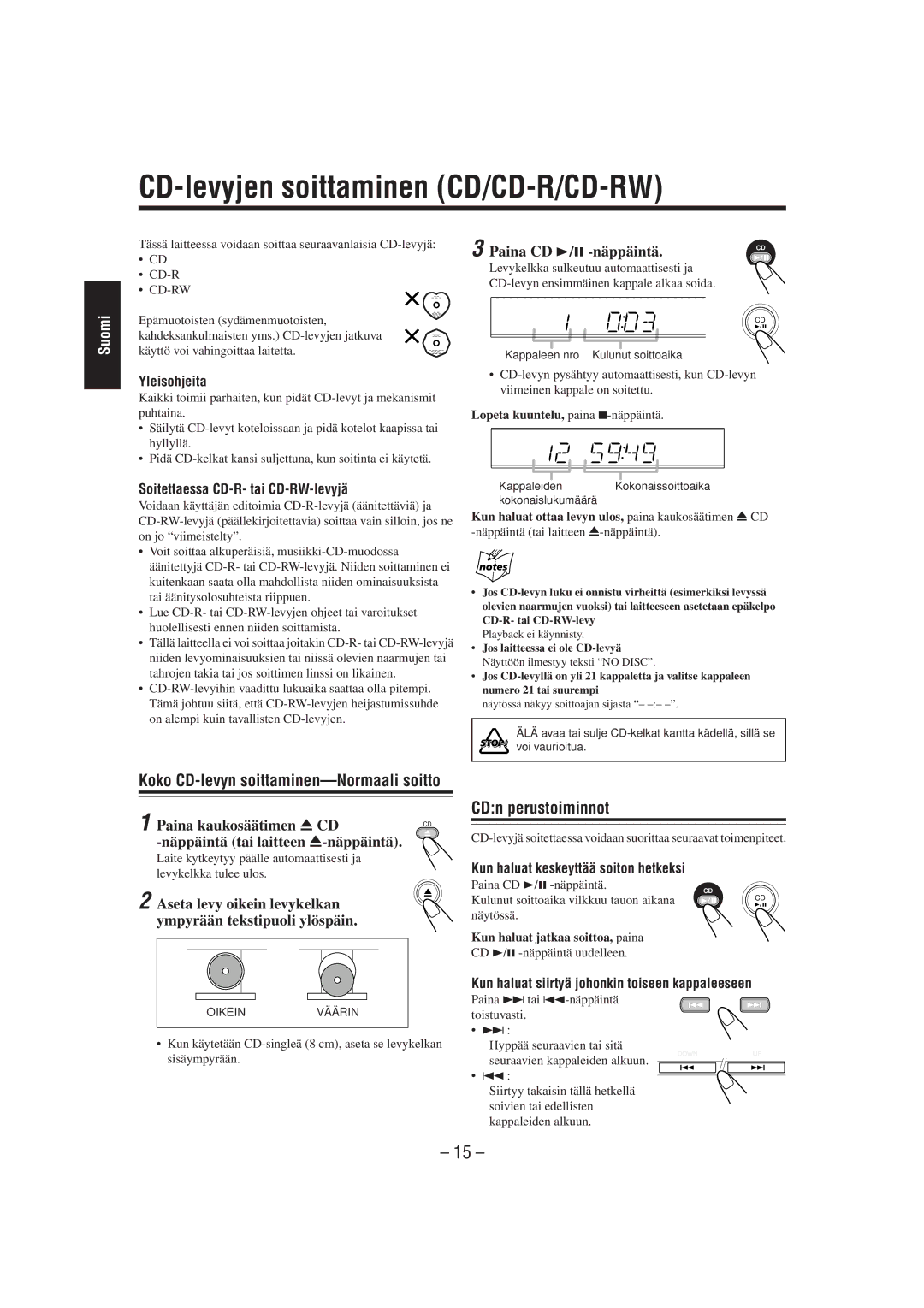 JVC CA-UXL40R, UX-L40R CD-levyjen soittaminen CD/CD-R/CD-RW, Koko CD-levyn soittaminen-Normaali soitto, CDn perustoiminnot 