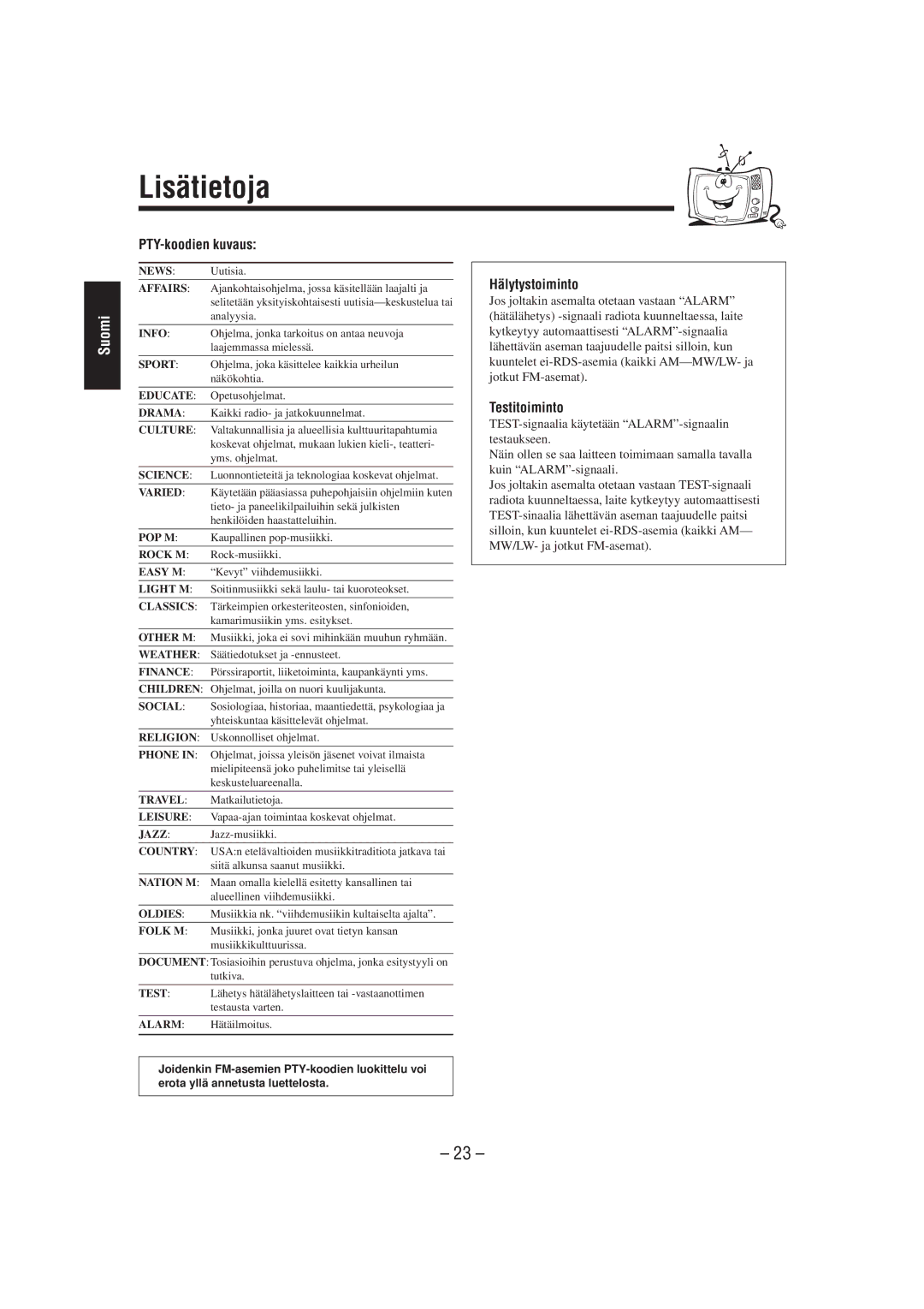 JVC UX-L40R, UX-L30R, SP-UXL30, SP-UXL40, CA-UXL40R, CA-UXL30R Lisätietoja, PTY-koodien kuvaus, Hälytystoiminto, Testitoiminto 