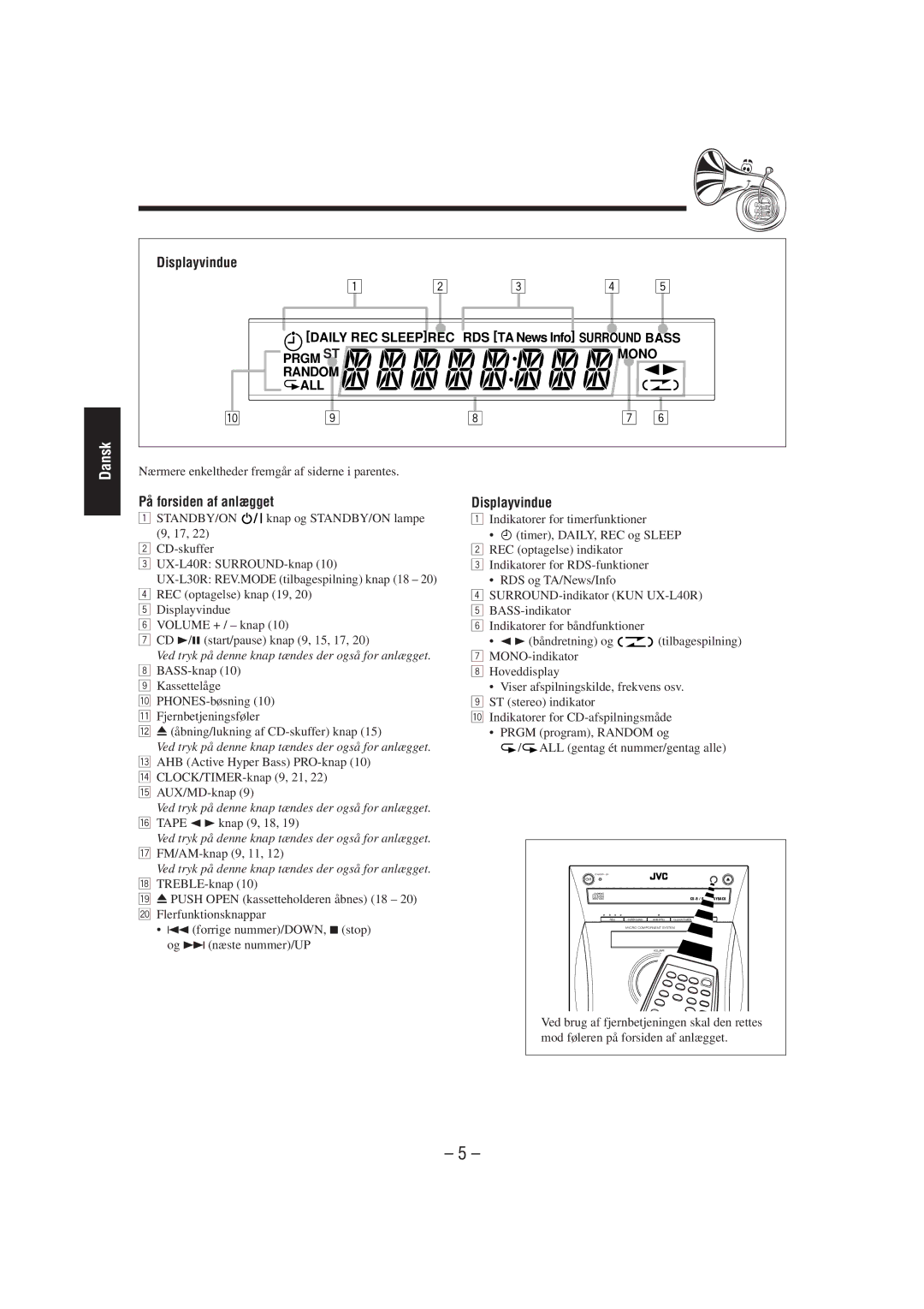 JVC SP-UXL30, UX-L40R, UX-L30R, SP-UXL40 Displayvindue, På forsiden af anlægget, CLOCK/TIMER-knap 9, 21, 22 t AUX/MD-knap 