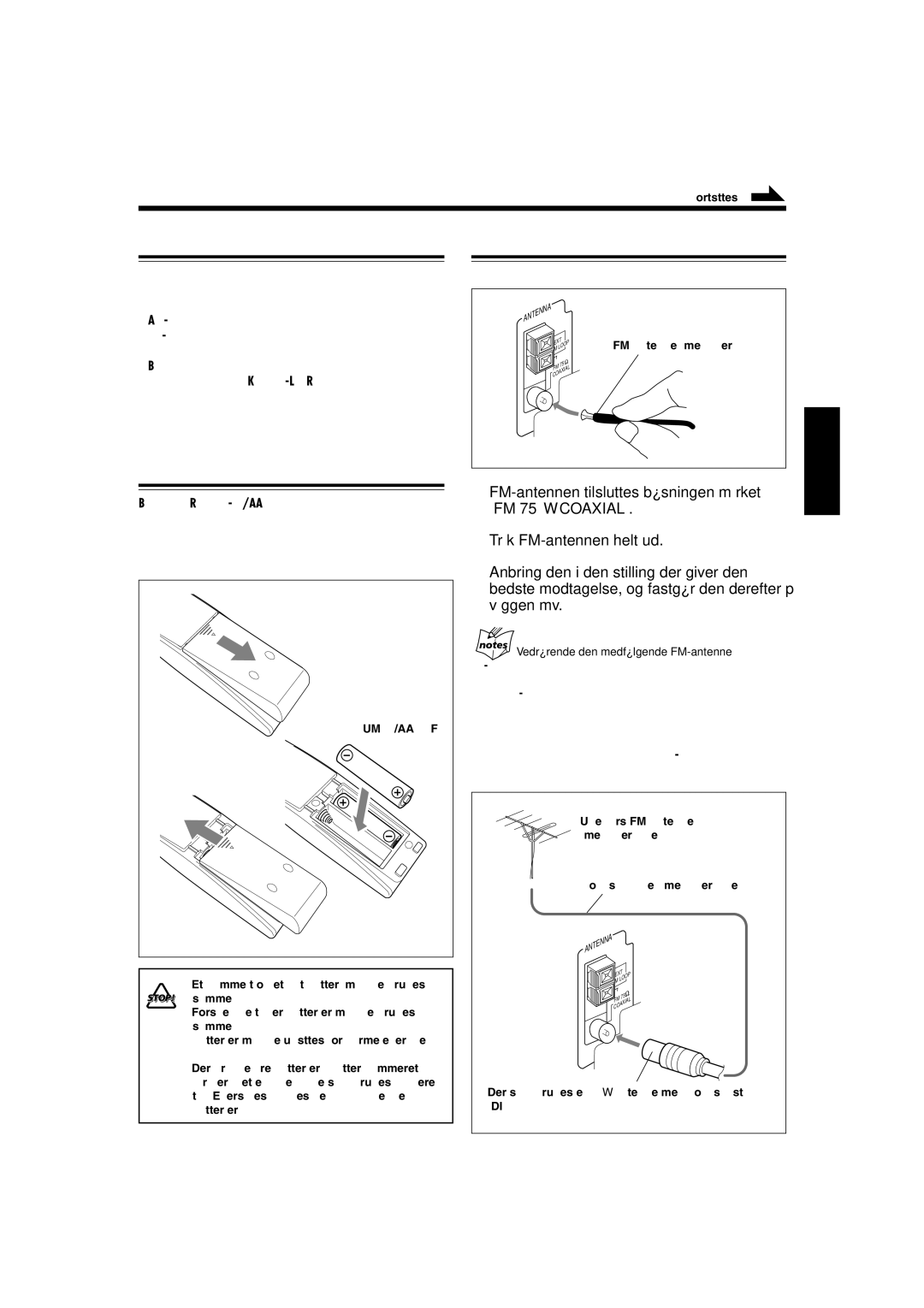 JVC SP-UXL40, UX-L40R, UX-L30R manual Medfølgende tilbehør Tilslutning af antenner, Isætning af batterier i fjernbetjeningen 