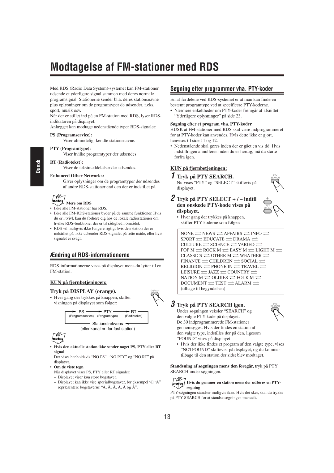 JVC CA-UXL40R Modtagelse af FM-stationer med RDS, Søgning efter programmer vha. PTY-koder, Ændring af RDS-informationerne 