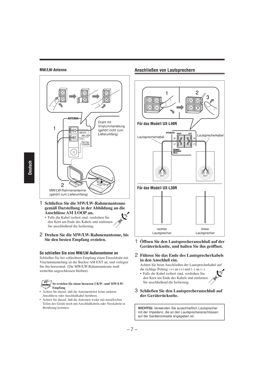 JVC UX-L40R, SP-UXL30, SP-UXL40 Anschließen von Lautsprechern, MW/LW-Antenne, Für das Modell UX-L30R, Lautsprecherkabel 