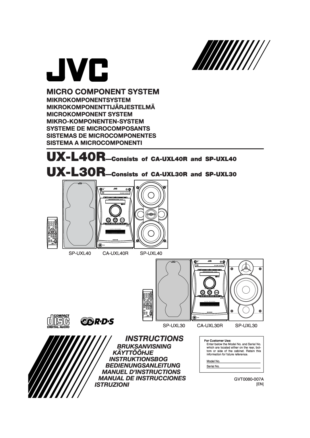 JVC UX-L30R manual GVT0080-007A, Micro Component System, Instructions, Mikrokomponentsystem Mikrokomponenttijärjestelmä 