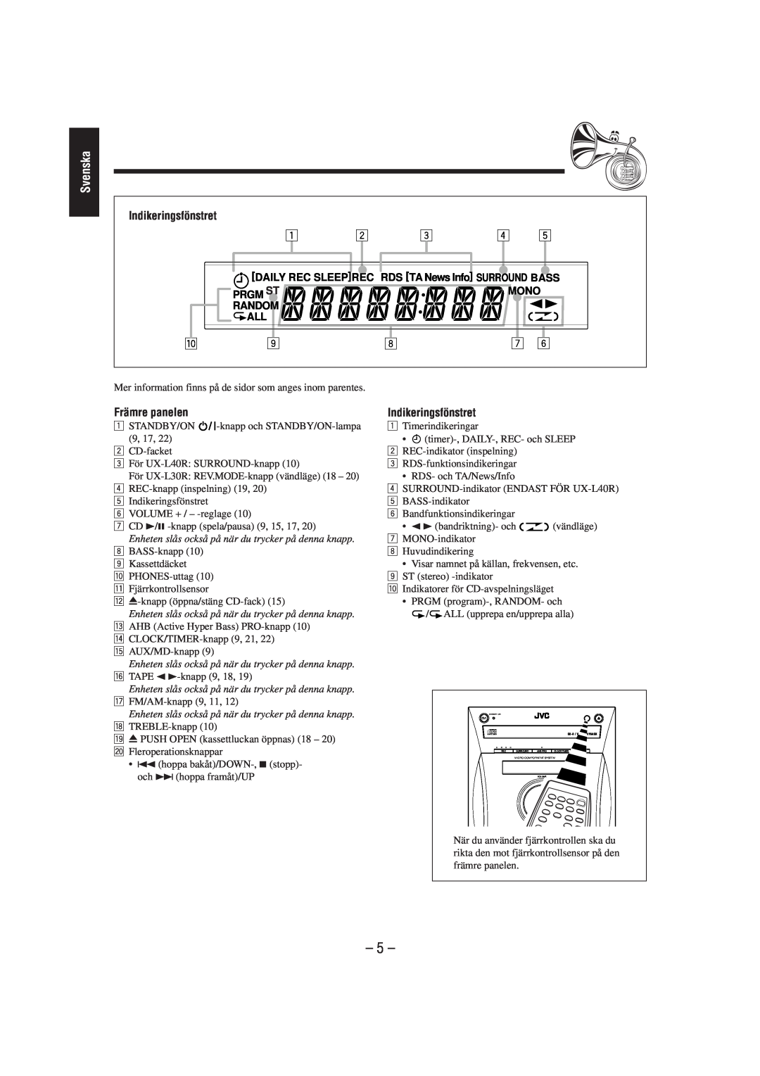 JVC CA-UXL40R, UX-L40R, UX-L30R, SP-UXL30, SP-UXL40, CA-UXL30R manual 5, Indikeringsfönstret, Främre panelen, Svenska 