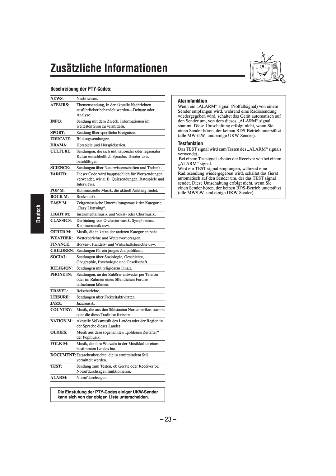 JVC CA-UXL40R, UX-L40R Zusätzliche Informationen, Beschreibung der PTY-Codes, 23, Deutsch, Alarmfunktion, Testfunktion 
