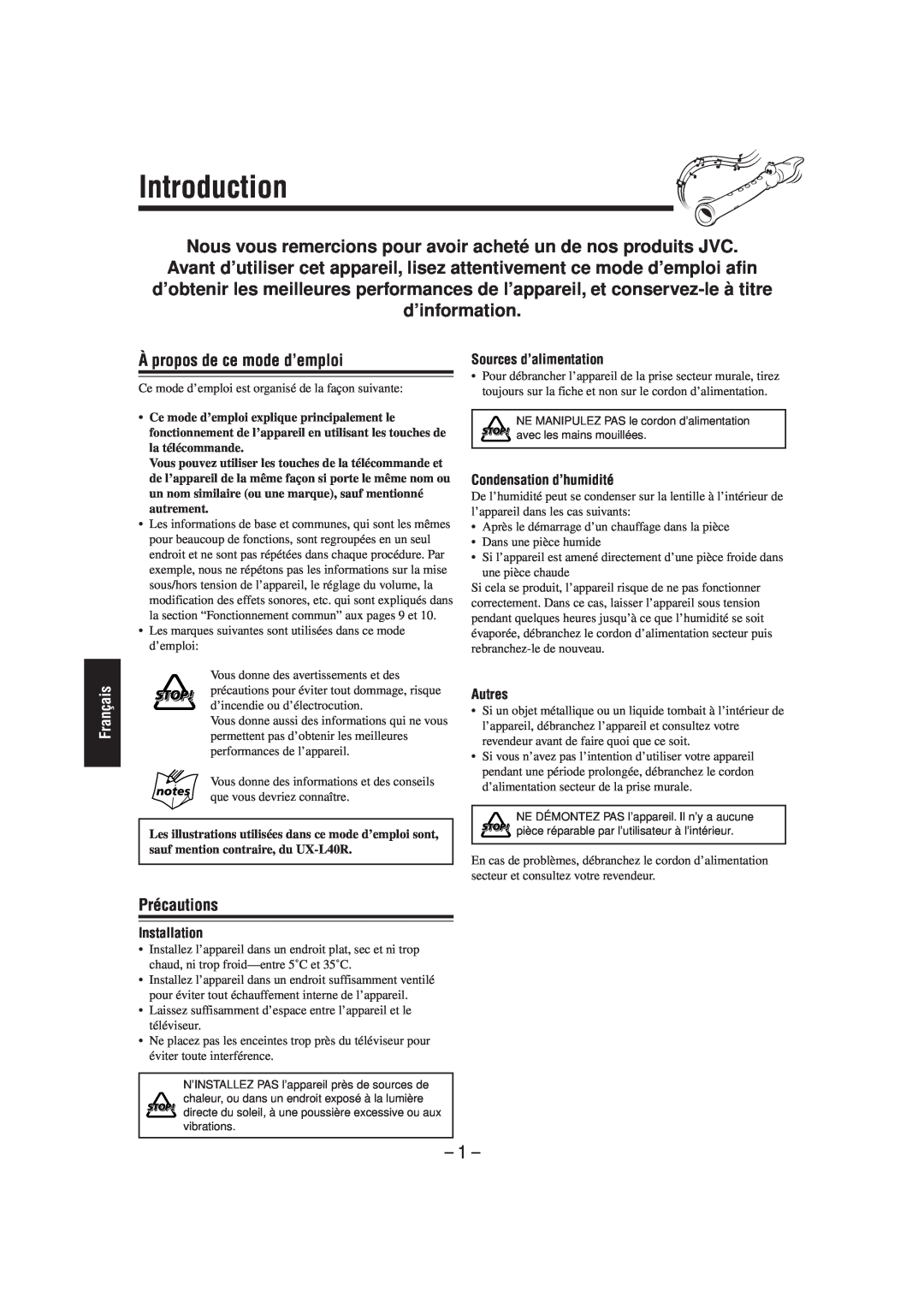 JVC SP-UXL30, UX-L40R Introduction, À propos de ce mode d’emploi, Précautions, Français, Sources d’alimentation, Autres, 1 