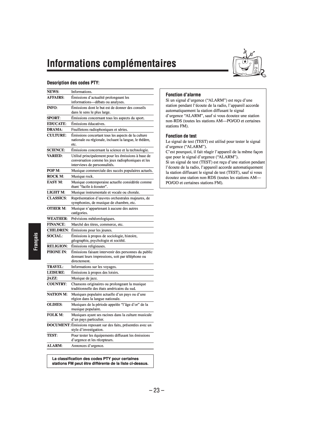JVC UX-L40R Informations complémentaires, Description des codes PTY, Fonction d’alarme, Fonction de test, 23, Français 