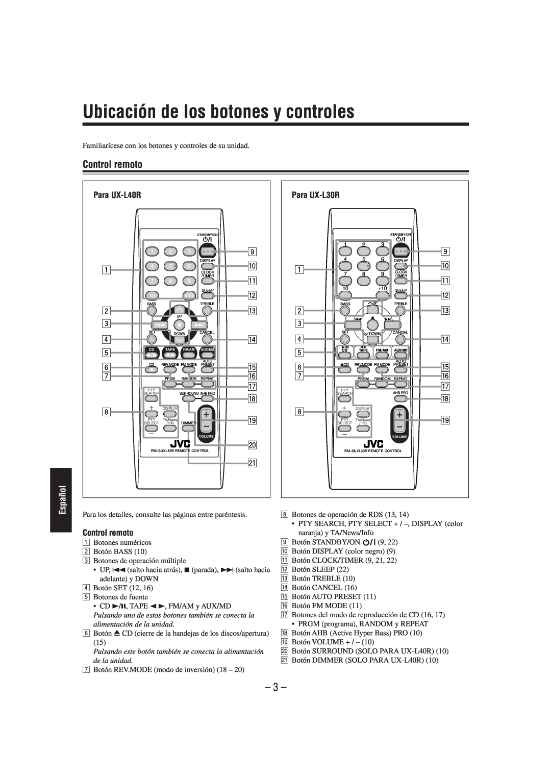 JVC UX-L40R, UX-L30R, SP-UXL30, SP-UXL40, CA-UXL40R manual Ubicación de los botones y controles, Control remoto, Español 