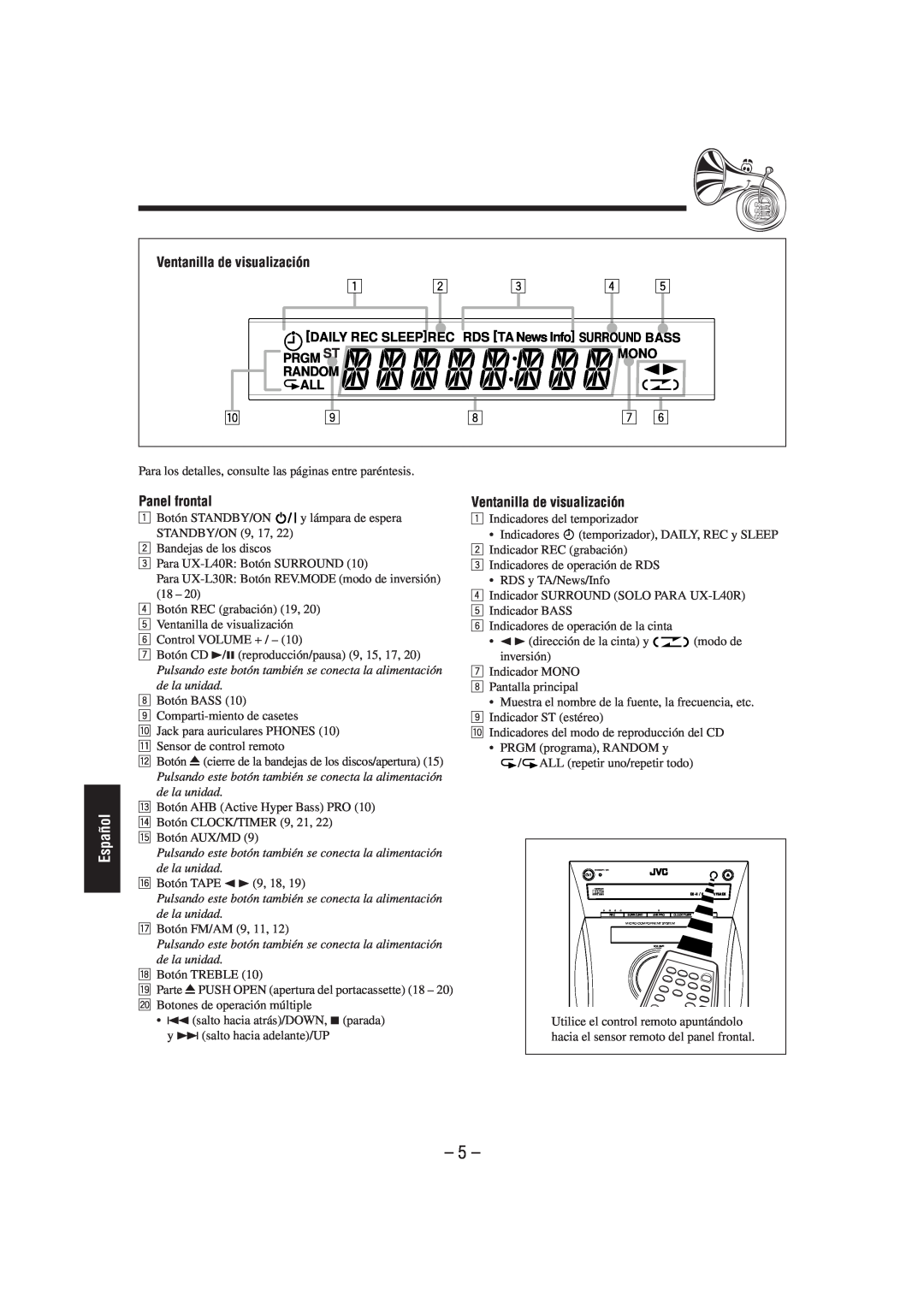 JVC SP-UXL30, UX-L40R, UX-L30R, SP-UXL40, CA-UXL40R, CA-UXL30R manual Panel frontal, Ventanilla de visualización, 5, Español 
