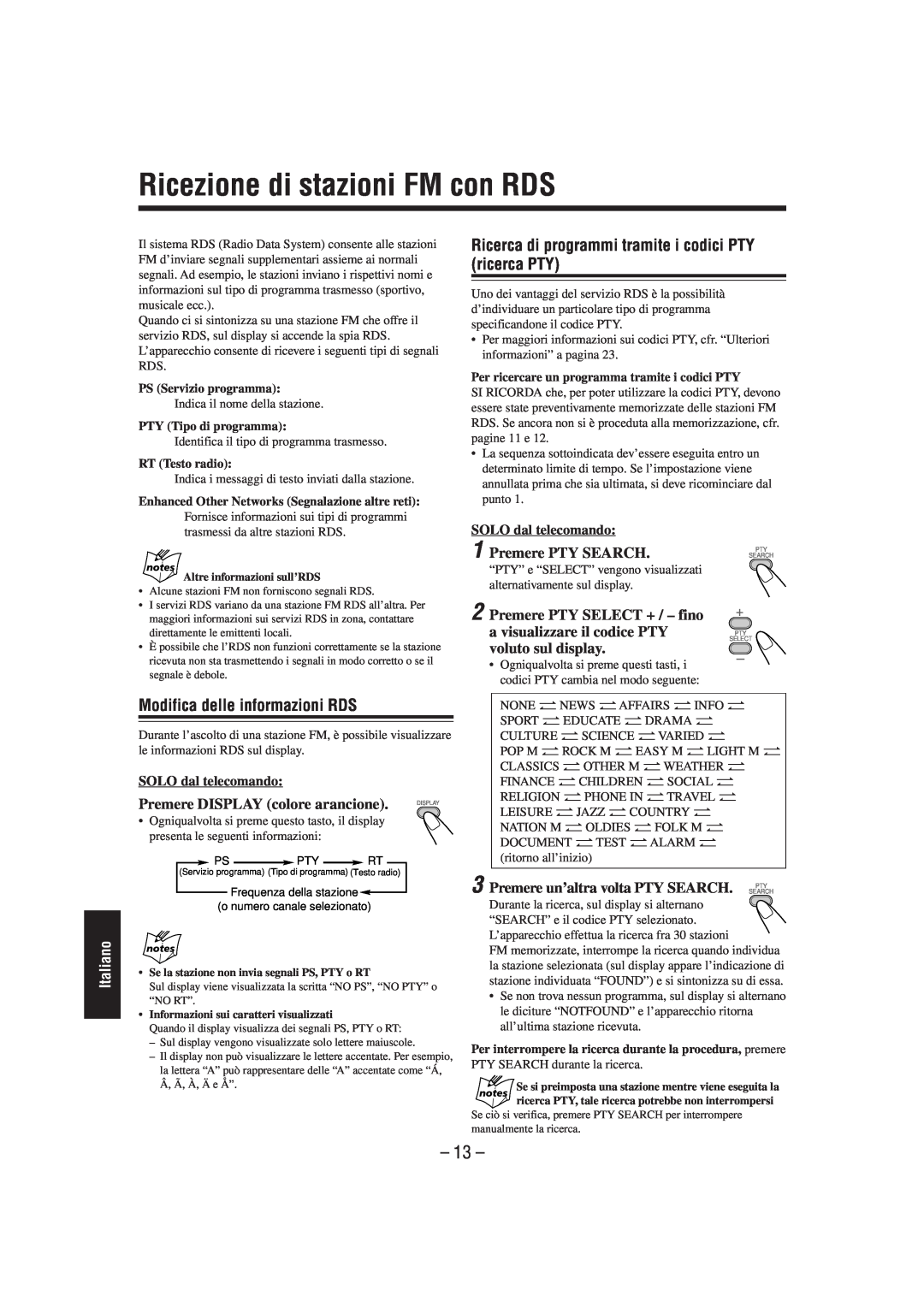 JVC UX-L40R manual Ricezione di stazioni FM con RDS, Modifica delle informazioni RDS, Premere DISPLAY colore arancione, 13 