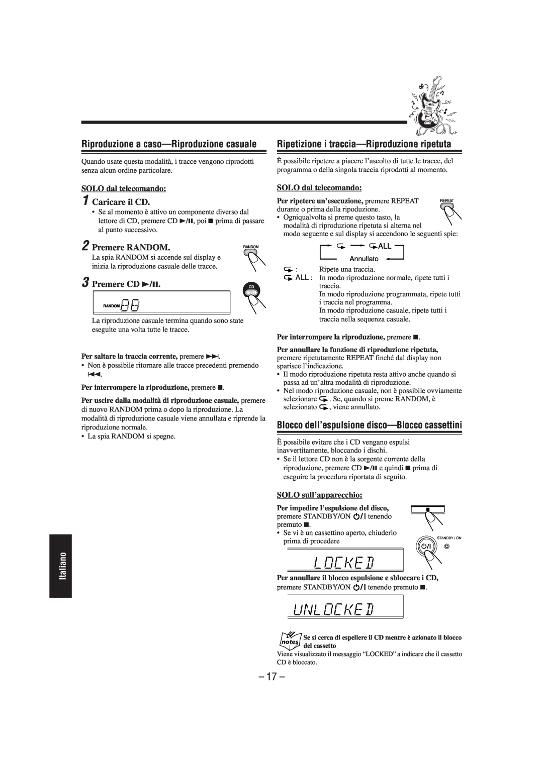 JVC CA-UXL40R manual Riproduzione a caso—Riproduzionecasuale, Blocco dell’espulsione disco—Bloccocassettini, Premere RANDOM 