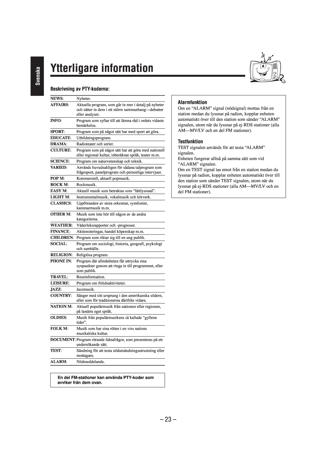 JVC CA-UXL40R, UX-L40R manual Ytterligare information, 23, Beskrivning av PTY-koderna, Alarmfunktion, Testfunktion, Svenska 