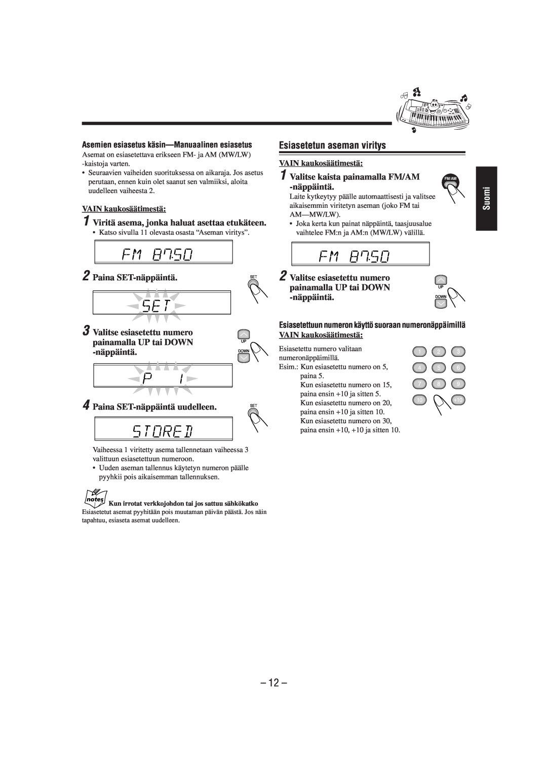 JVC UX-L30R manual Esiasetetun aseman viritys, Viritä asema, jonka haluat asettaa etukäteen, Paina SET-näppäintä, 12, Suomi 