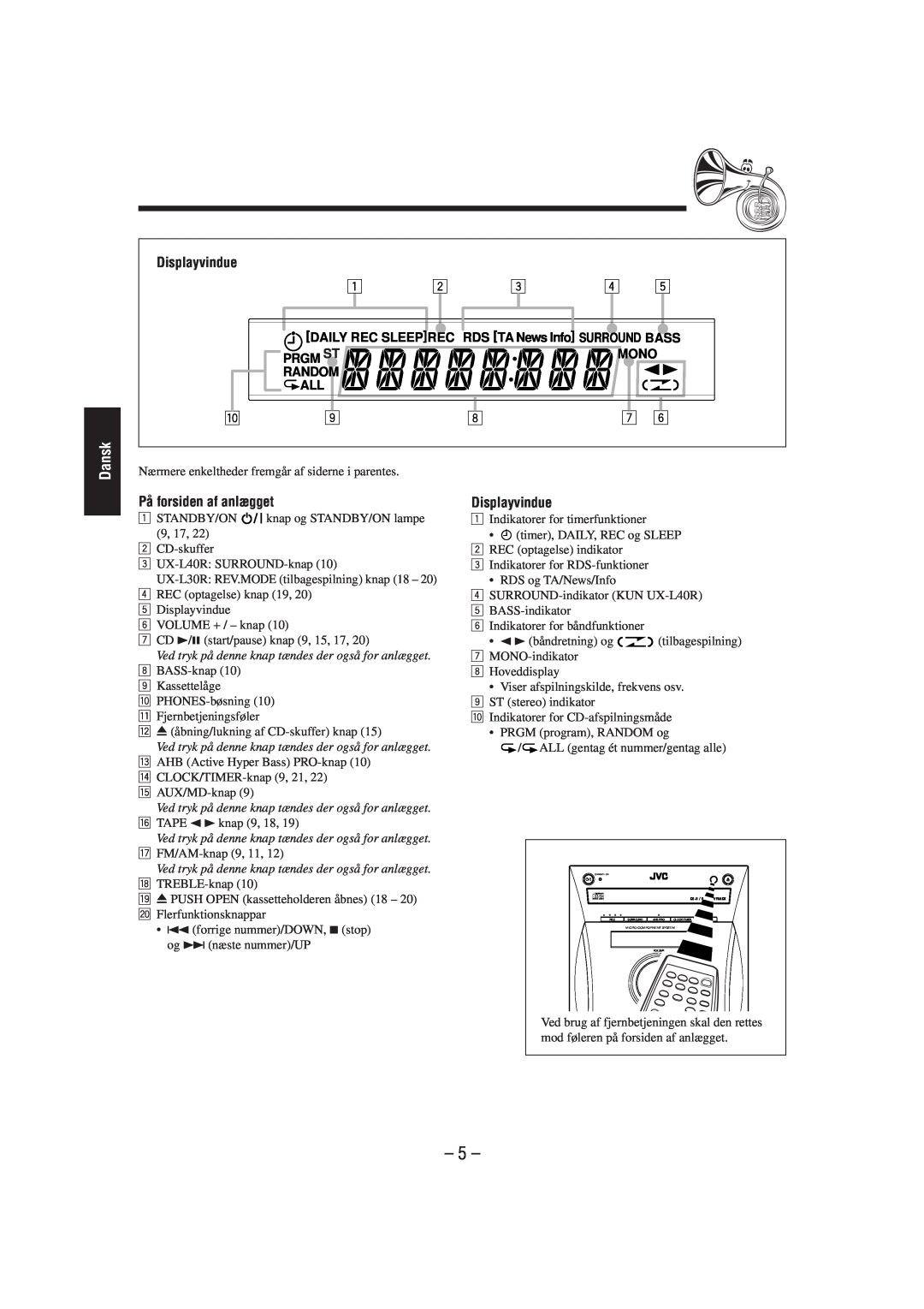 JVC SP-UXL30, UX-L40R, UX-L30R, SP-UXL40, CA-UXL40R, CA-UXL30R manual Displayvindue, På forsiden af anlægget, 5, Dansk 
