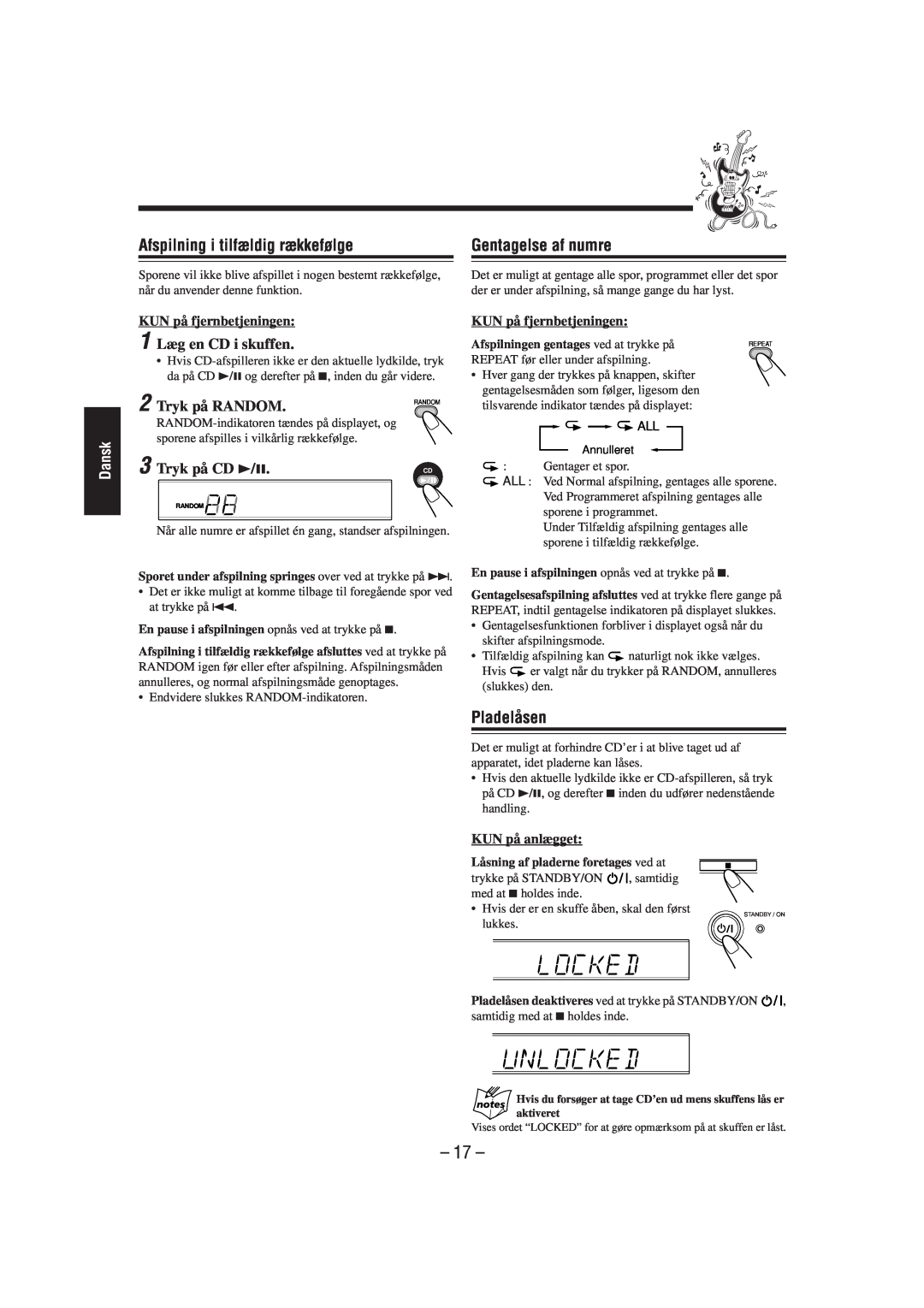 JVC SP-UXL30 manual Afspilning i tilfældig rækkefølge, Gentagelse af numre, Pladelåsen, Tryk på RANDOM, KUN på anlægget, 17 