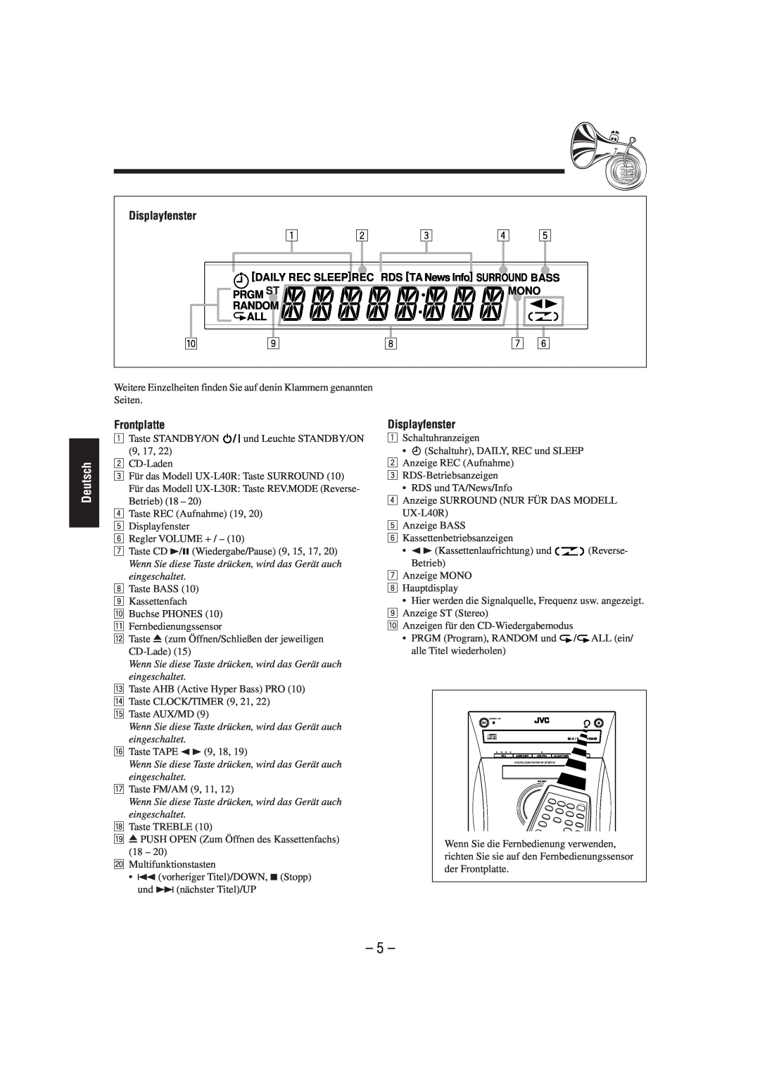 JVC CA-UXL40R, UX-L40R, UX-L30R, SP-UXL30, SP-UXL40, CA-UXL30R manual Displayfenster, 5, Deutsch, Frontplatte 