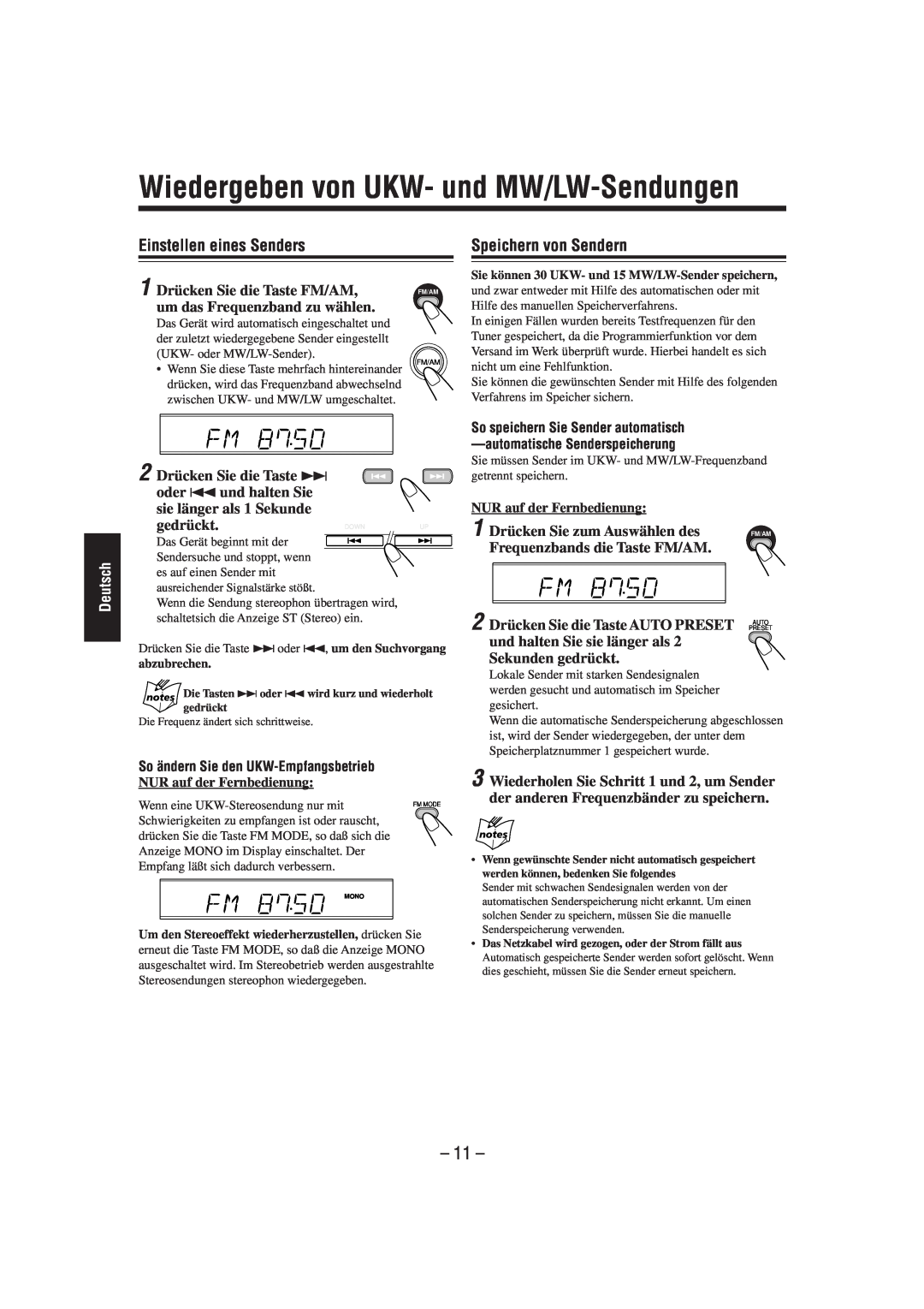 JVC CA-UXL40R manual Wiedergeben von UKW- und MW/LW-Sendungen, Einstellen eines Senders, Speichern von Sendern, 11, Deutsch 