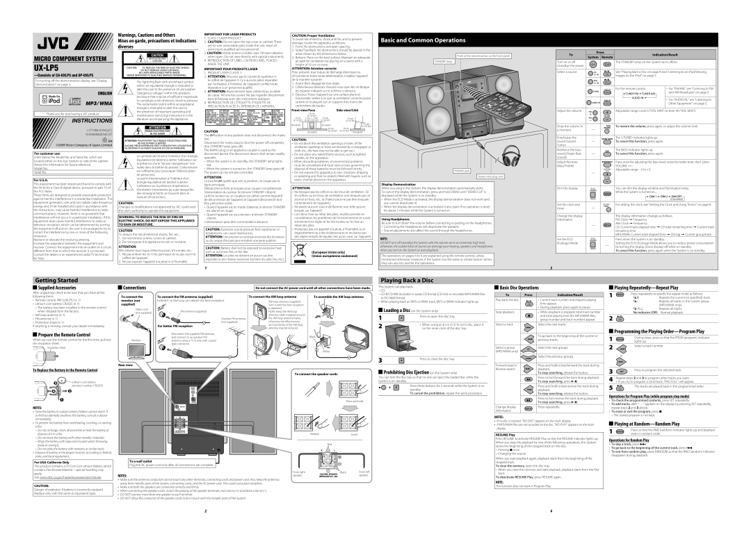 JVC UX-LP5 user service Mises en garde, précautions et indications diverses, Supplied Accessories Connections 