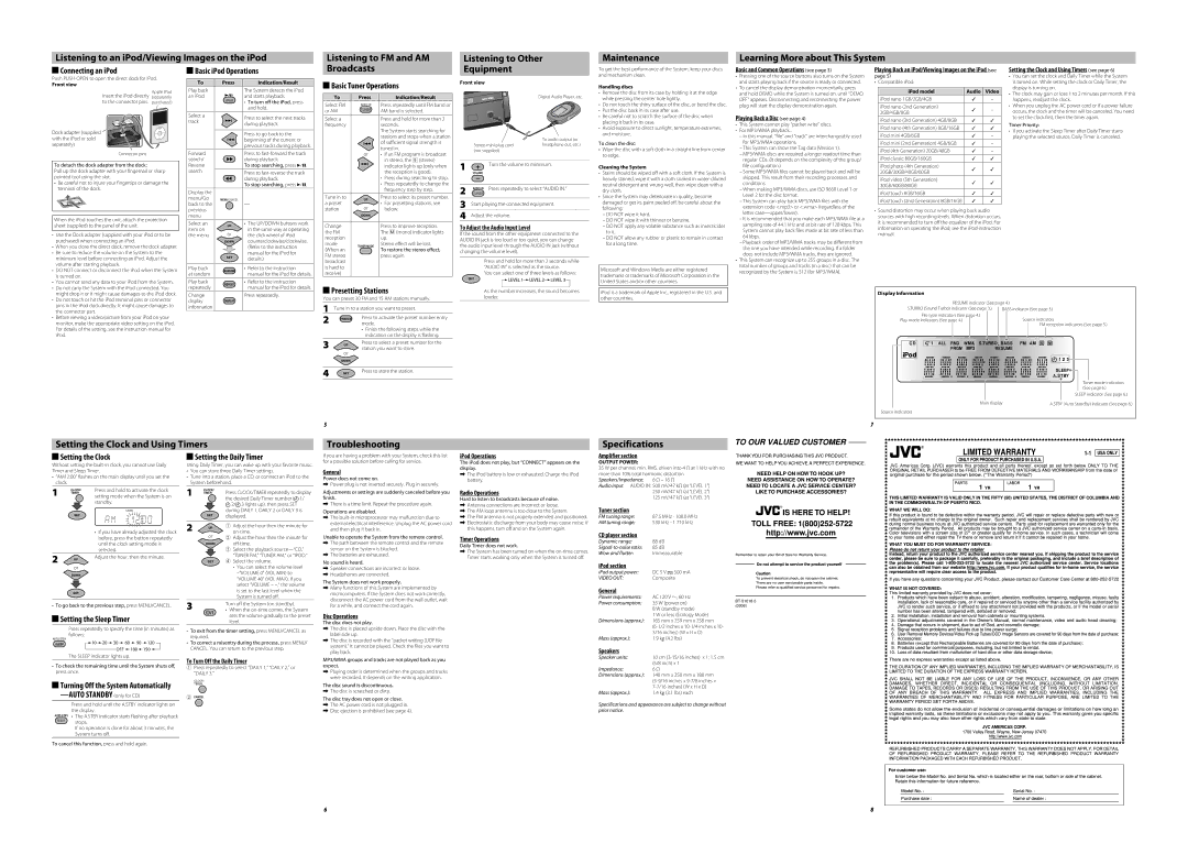 JVC UX-LP5 Connecting an iPod, Basic iPod Operations, Basic Tuner Operations, Presetting Stations, Setting the Clock 