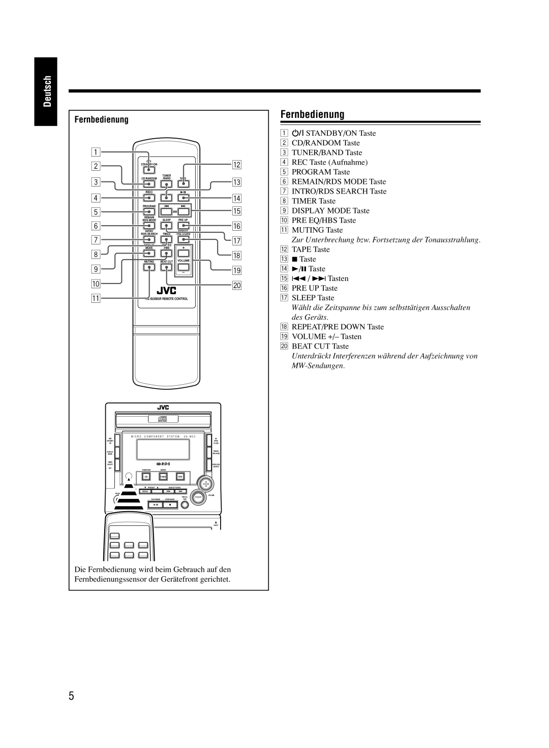 JVC UX-M33 manual Fernbedienung 