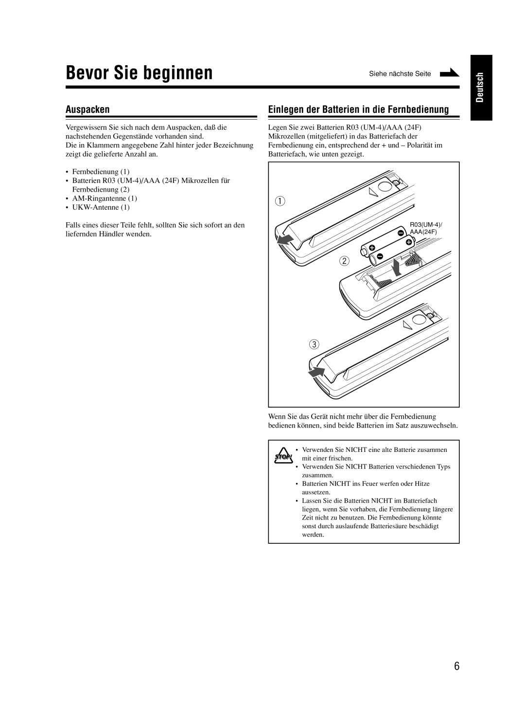 JVC UX-M33 manual Bevor Sie beginnen, Auspacken, Einlegen der Batterien in die Fernbedienung 