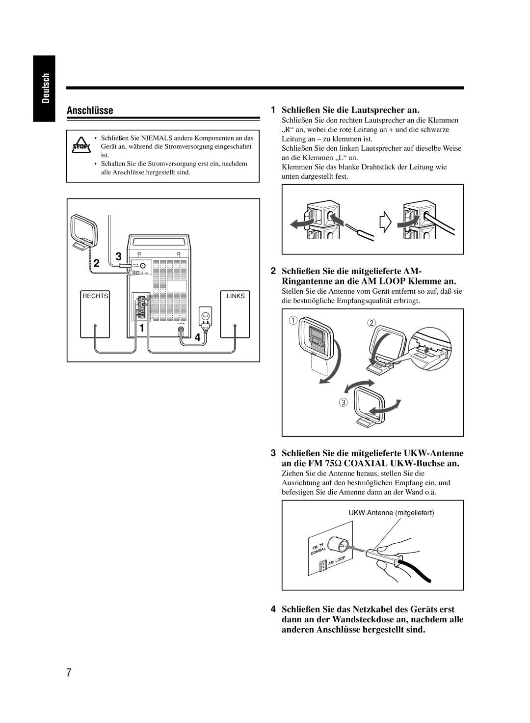 JVC UX-M33 manual Anschlüsse, Schließen Sie die Lautsprecher an 