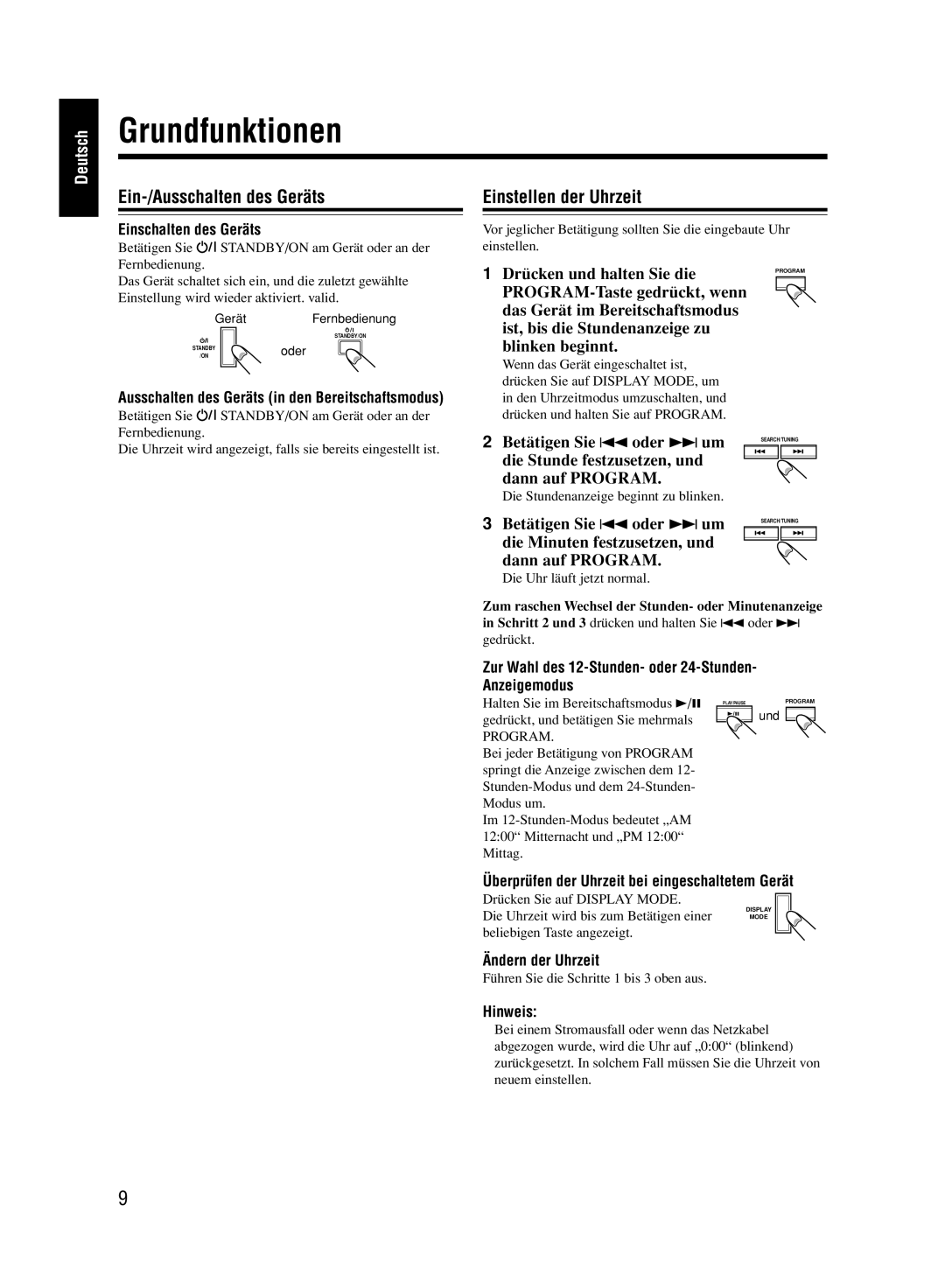 JVC UX-M33 manual Grundfunktionen, Ein-/Ausschalten des Geräts, Einstellen der Uhrzeit 