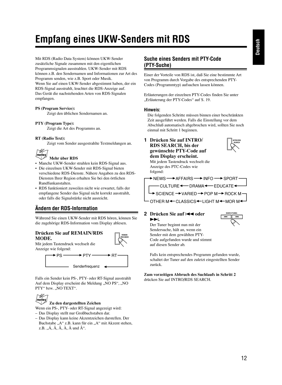 JVC UX-M33 manual Empfang eines UKW-Senders mit RDS, Suche eines Senders mit PTY-Code PTY-Suche, Ändern der RDS-Information 