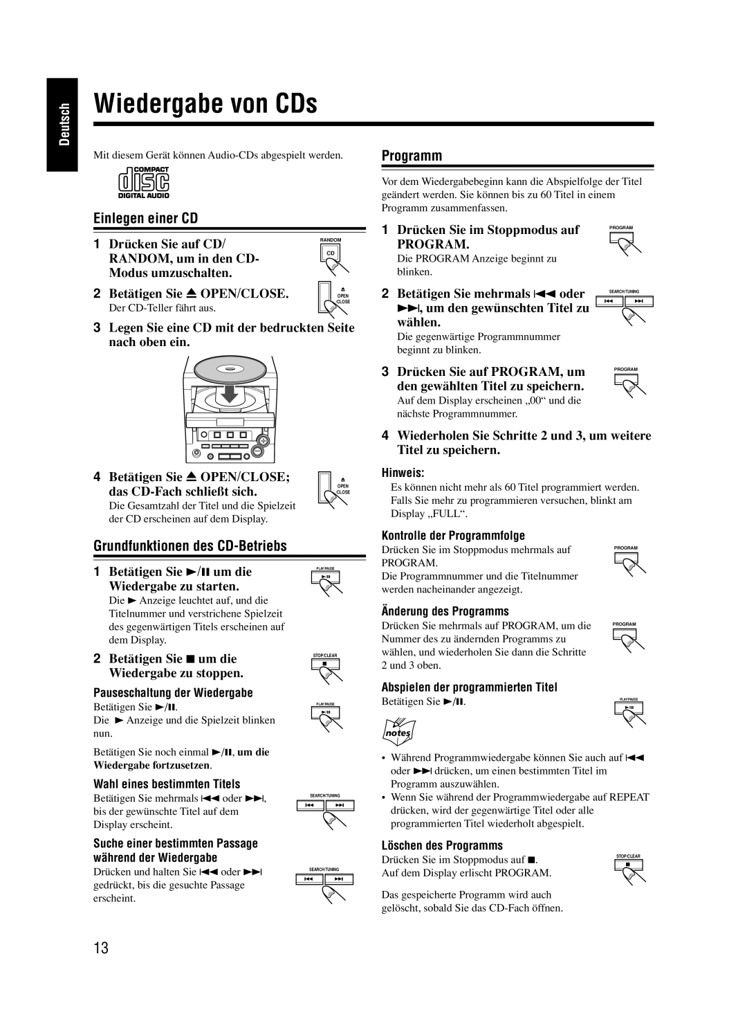 JVC UX-M33 manual Wiedergabe von CDs, Programm, Einlegen einer CD, Grundfunktionen des CD-Betriebs 