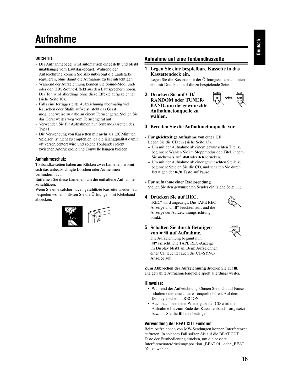 JVC UX-M33 manual Aufnahme auf eine Tonbandkassette 