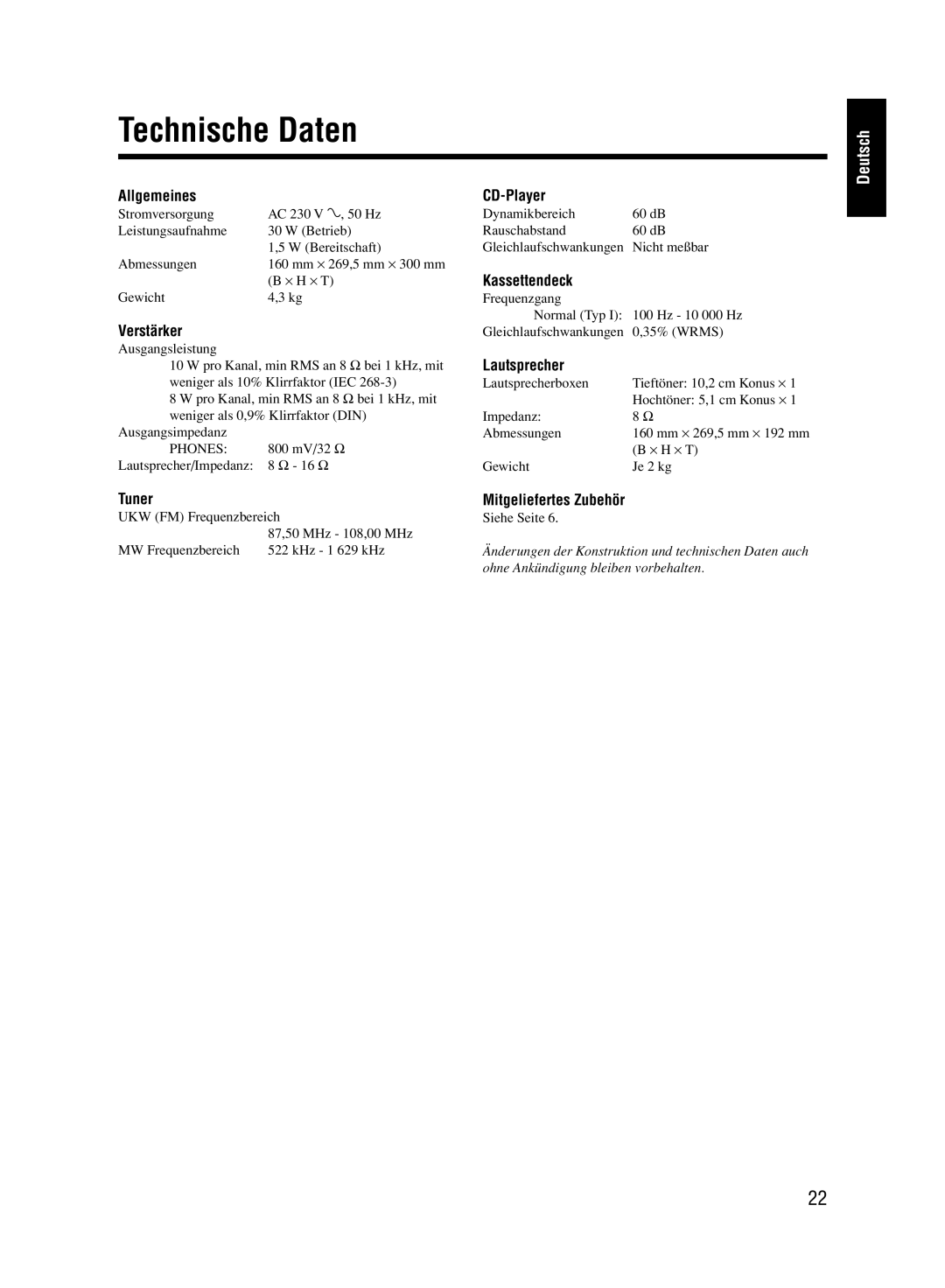 JVC UX-M33 manual Technische Daten 