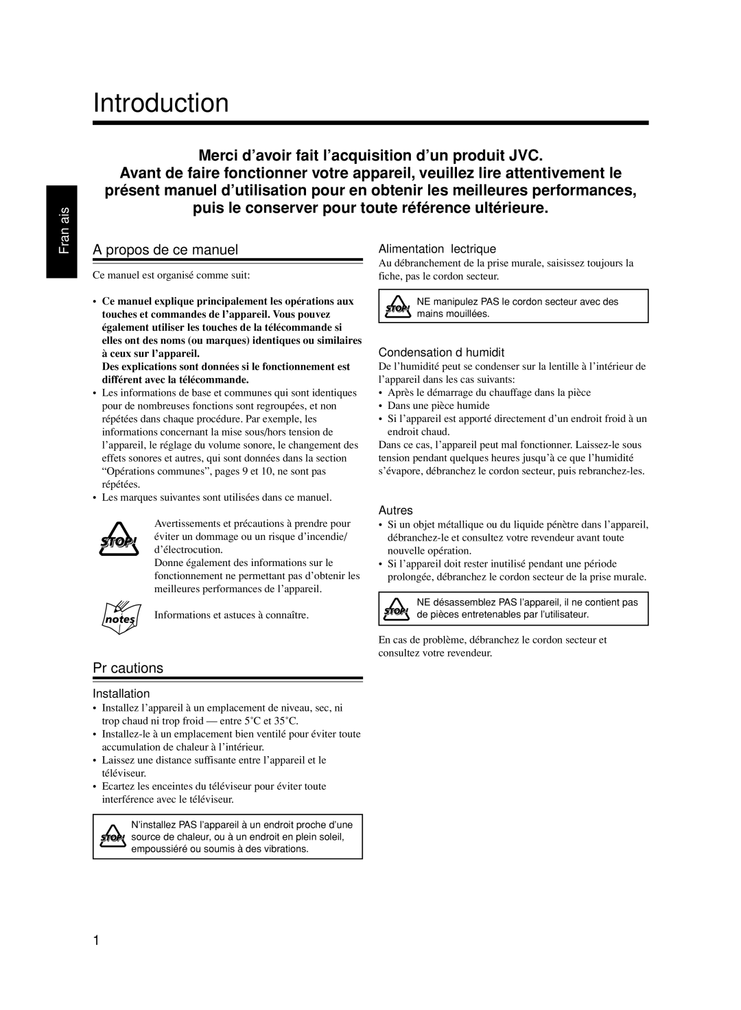 JVC UX-M33 manual Introduction, Propos de ce manuel, Précautions 