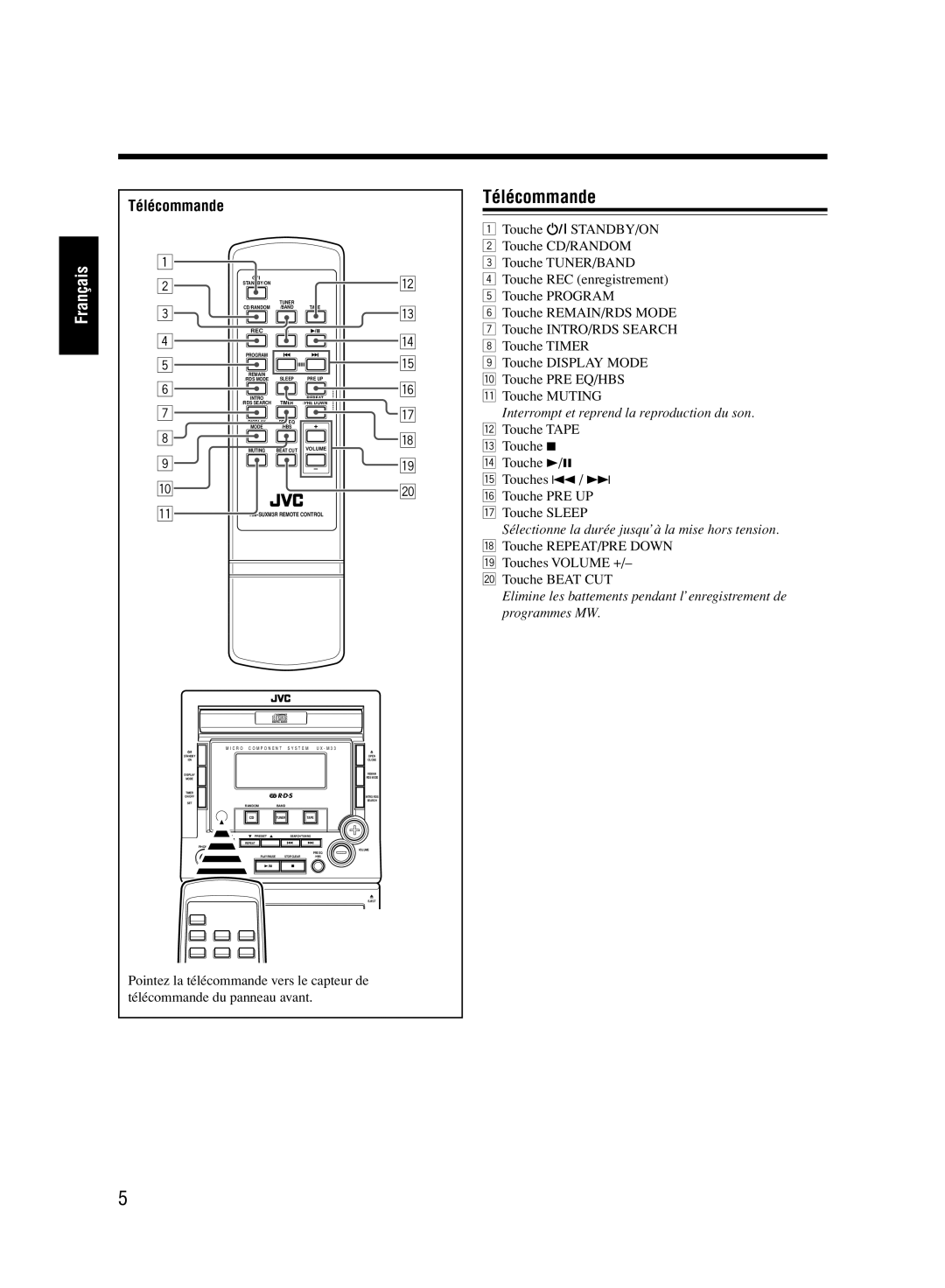 JVC UX-M33 manual Télécommande 