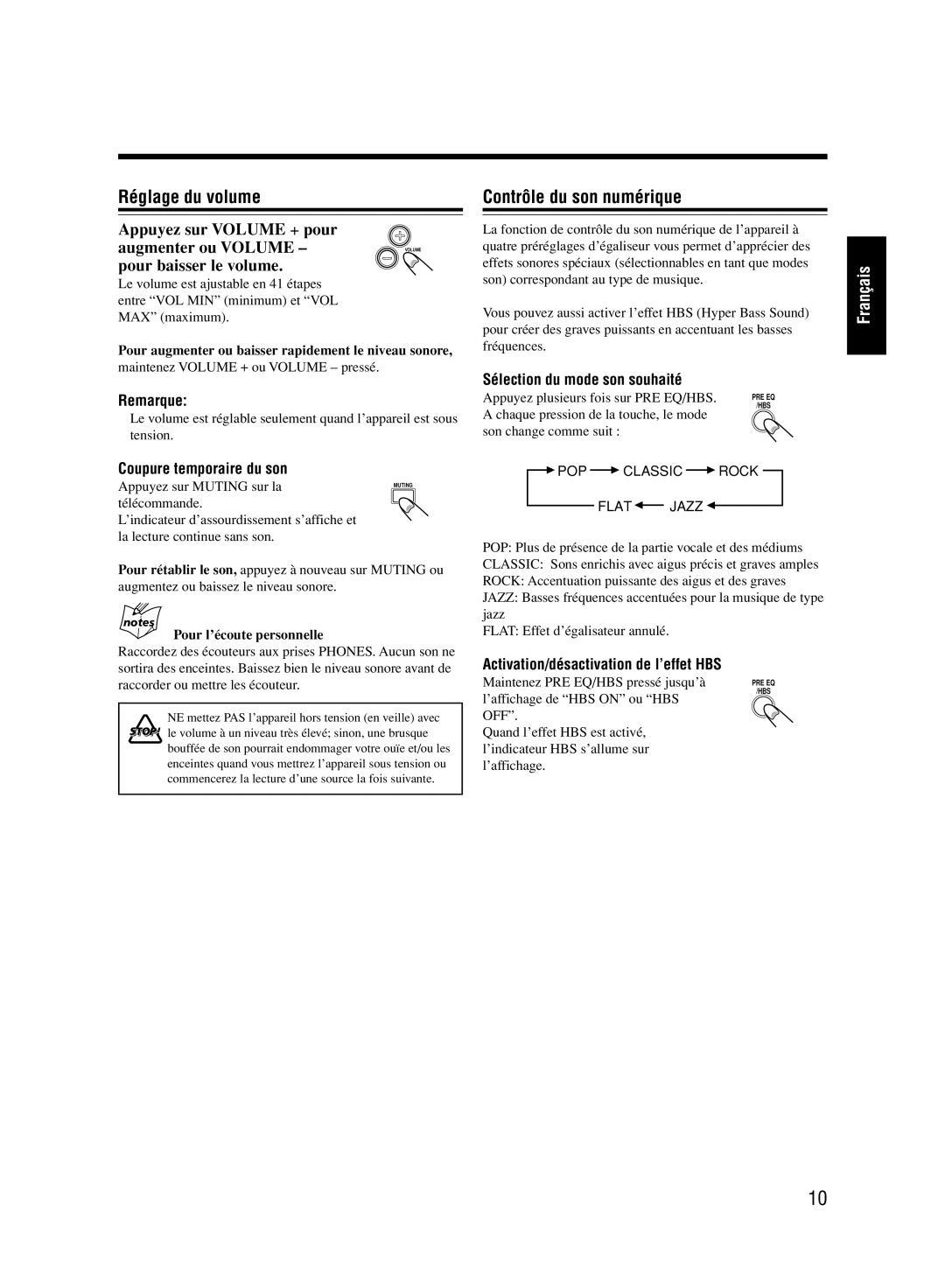 JVC UX-M33 manual Réglage du volume, Contrôle du son numérique, Appuyez sur Volume + pour Augmenter ou Volume 