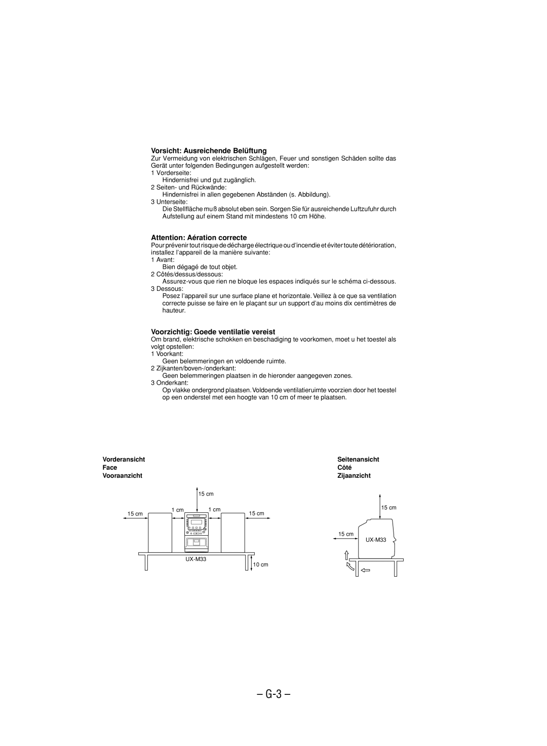 JVC UX-M33 manual Vorsicht Ausreichende Belüftung 