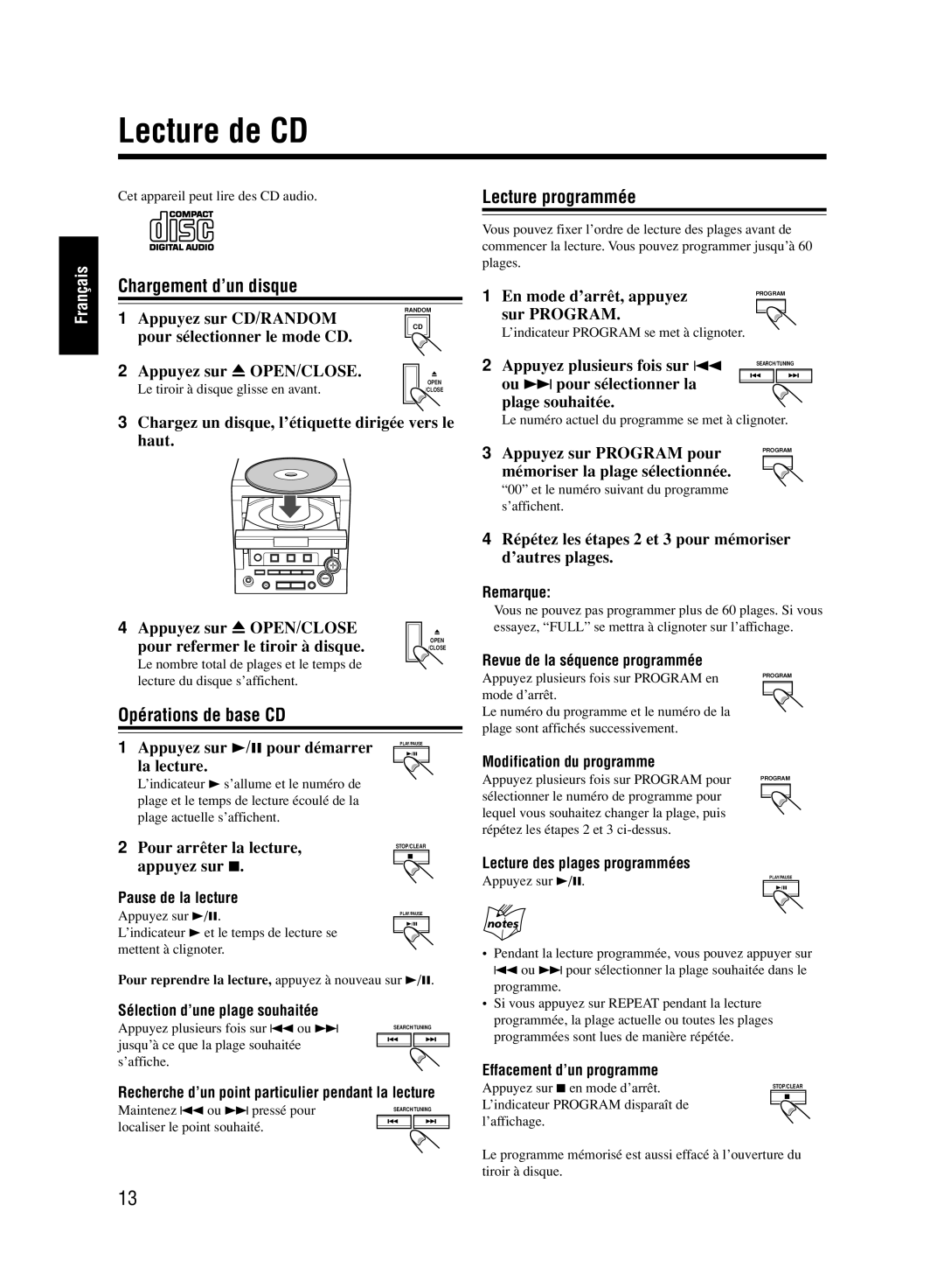 JVC UX-M33 manual Lecture de CD, Lecture programmée, Chargement d’un disque, Opérations de base CD 