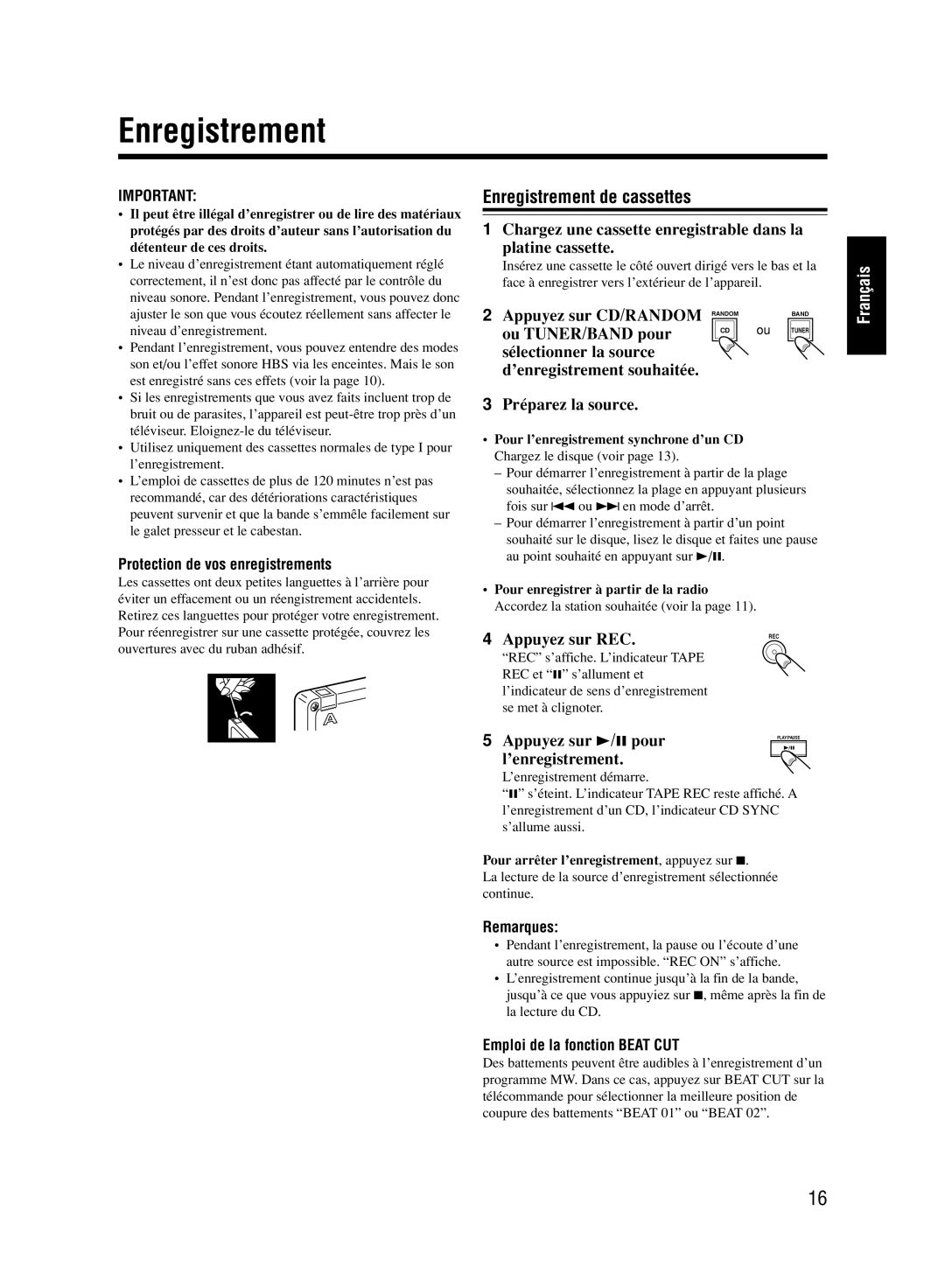 JVC UX-M33 manual Enregistrement de cassettes 