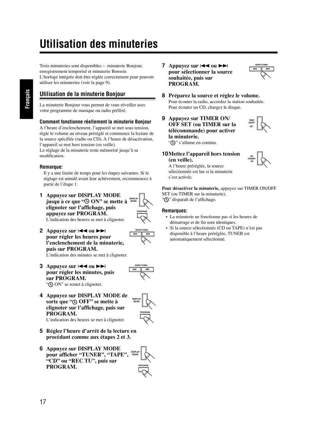 JVC UX-M33 manual Utilisation des minuteries, Utilisation de la minuterie Bonjour 