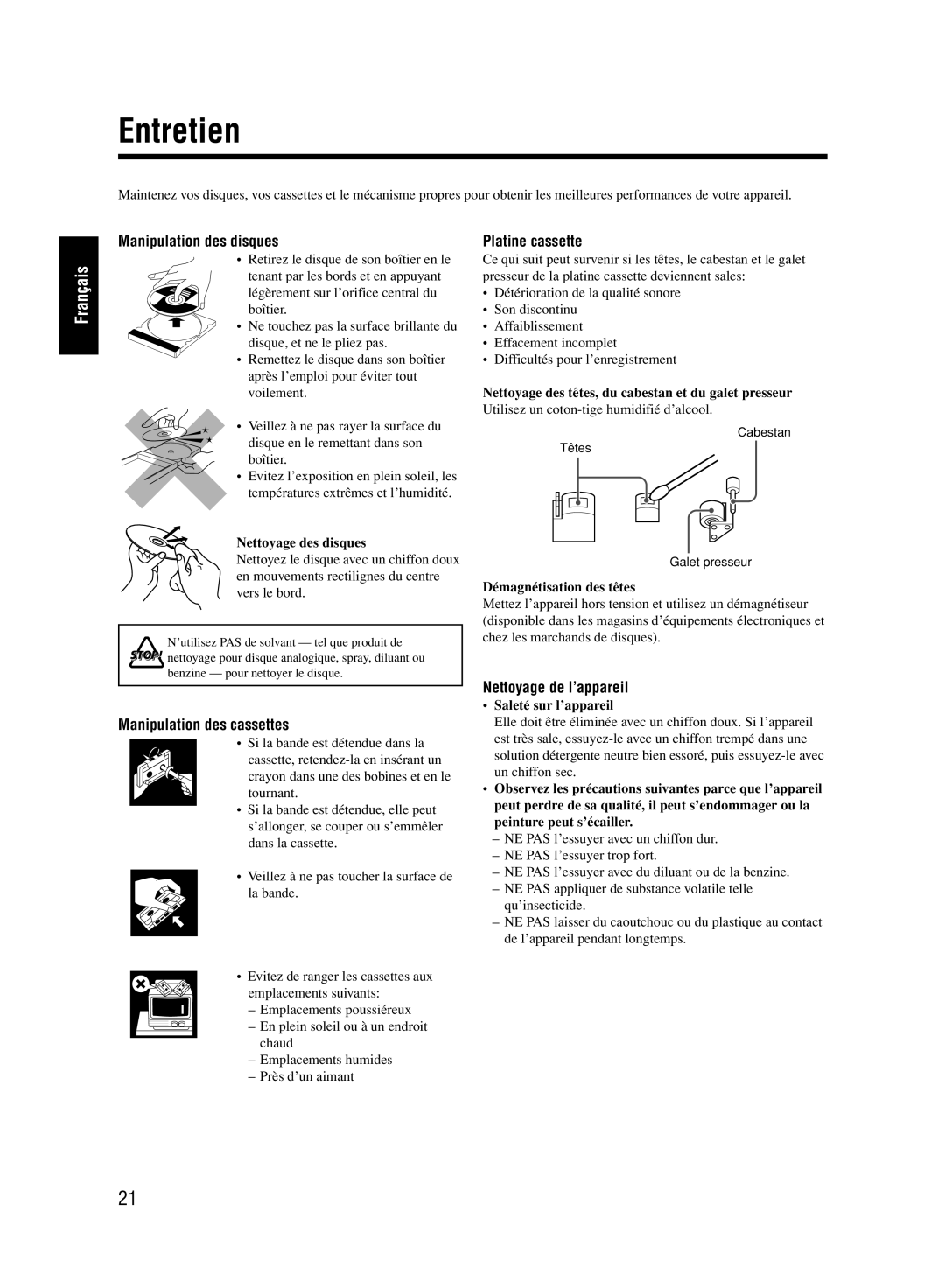 JVC UX-M33 Entretien, Manipulation des disques, Manipulation des cassettes, Platine cassette, Nettoyage de l’appareil 