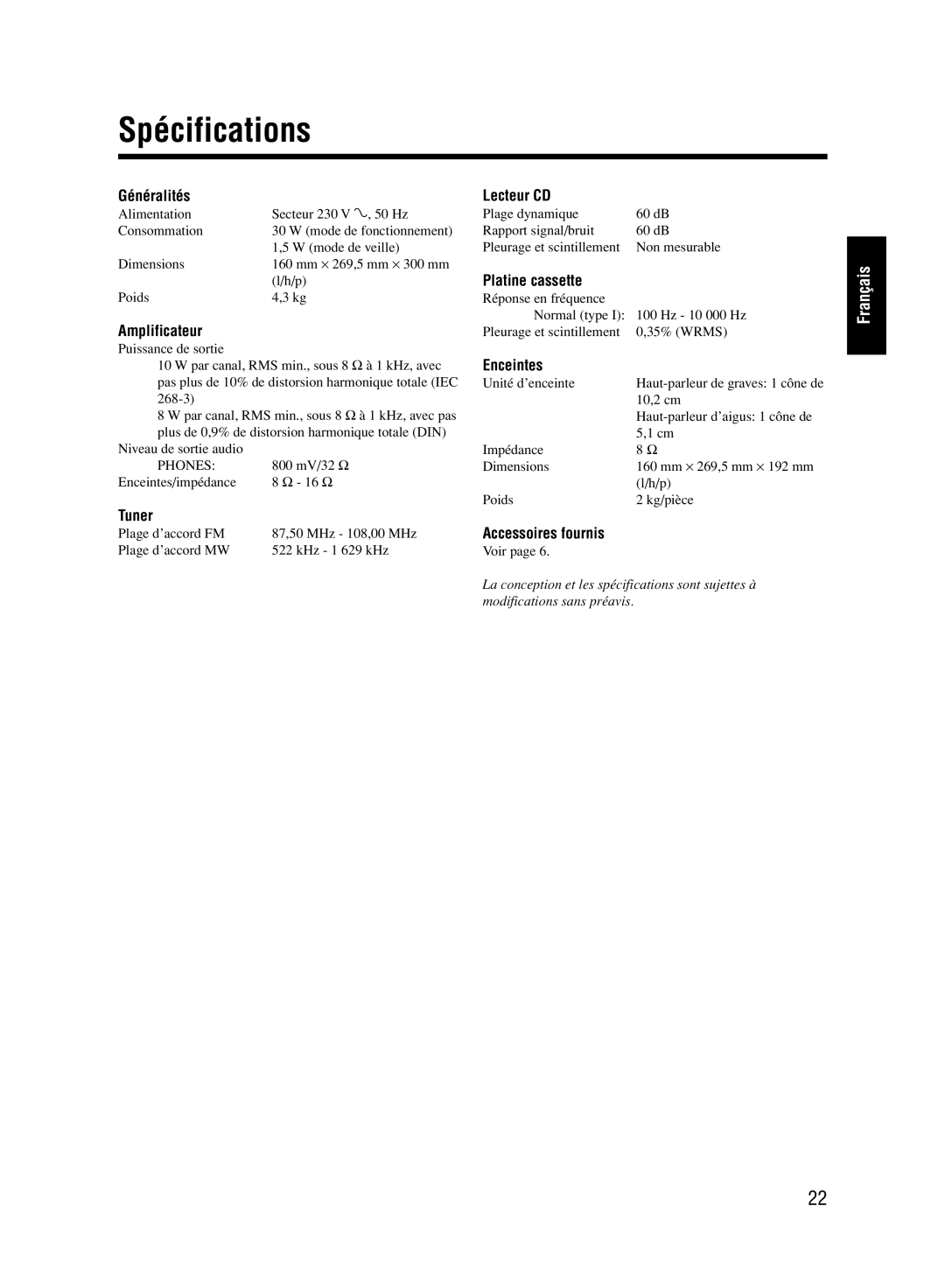 JVC UX-M33 manual Spécifications 